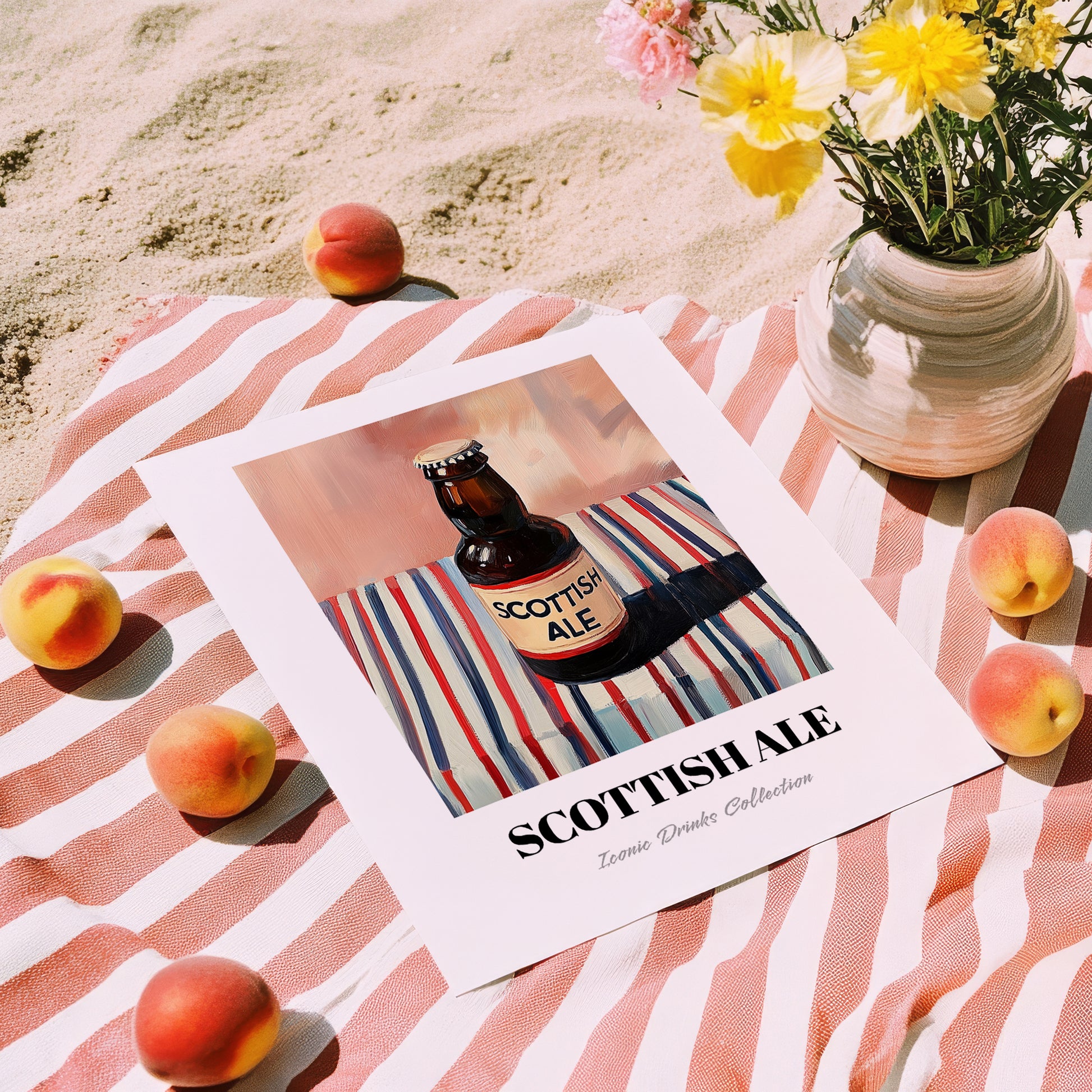 Scottish Ale – on Striped Tablecloth, Scottish Beer Illustration, unframed on coastal sand