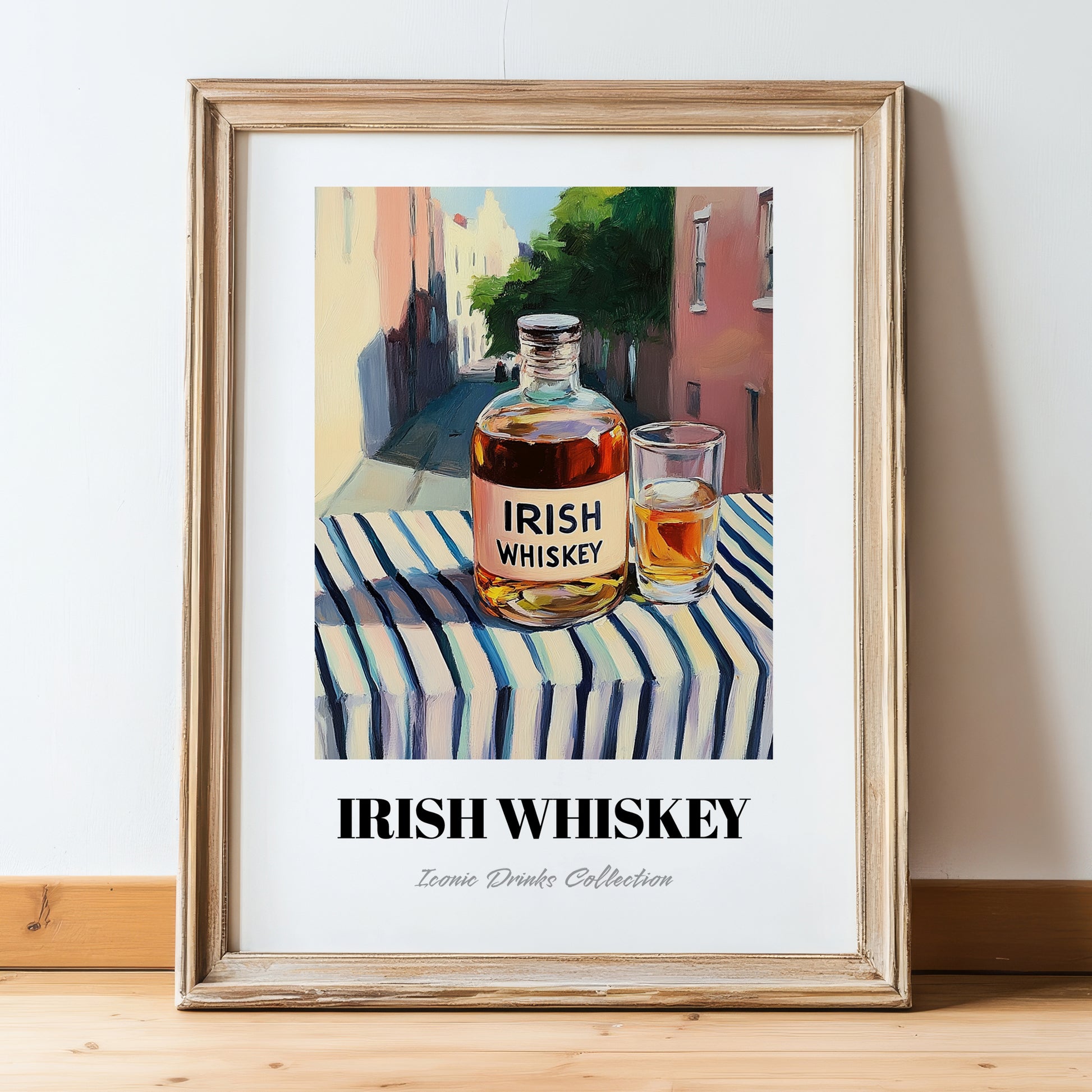 Irish Whiskey – Irish Outdoor Café Scene, Irish Whiskey Print, in wooden frame leaning on the floor