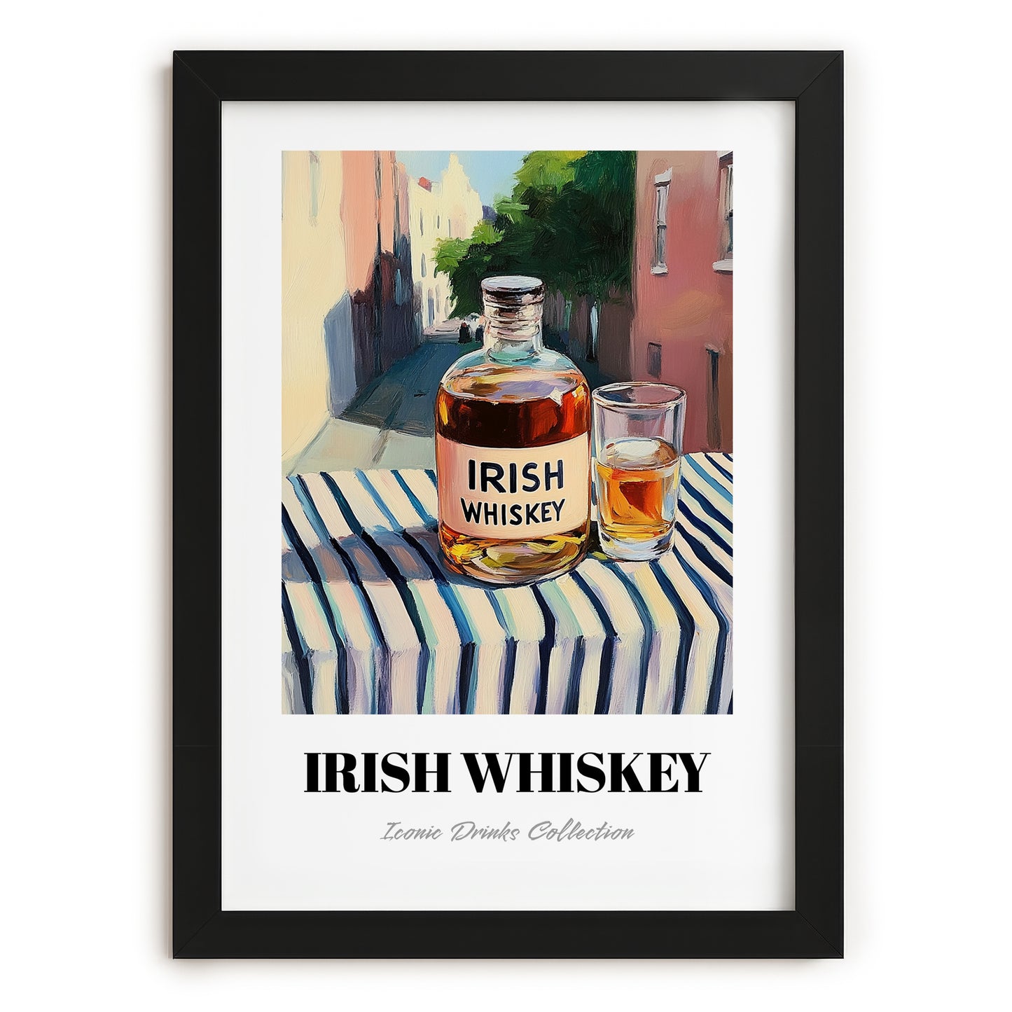 Irish Whiskey – Irish Outdoor Café Scene, Irish Whiskey Print, in sleek black frame