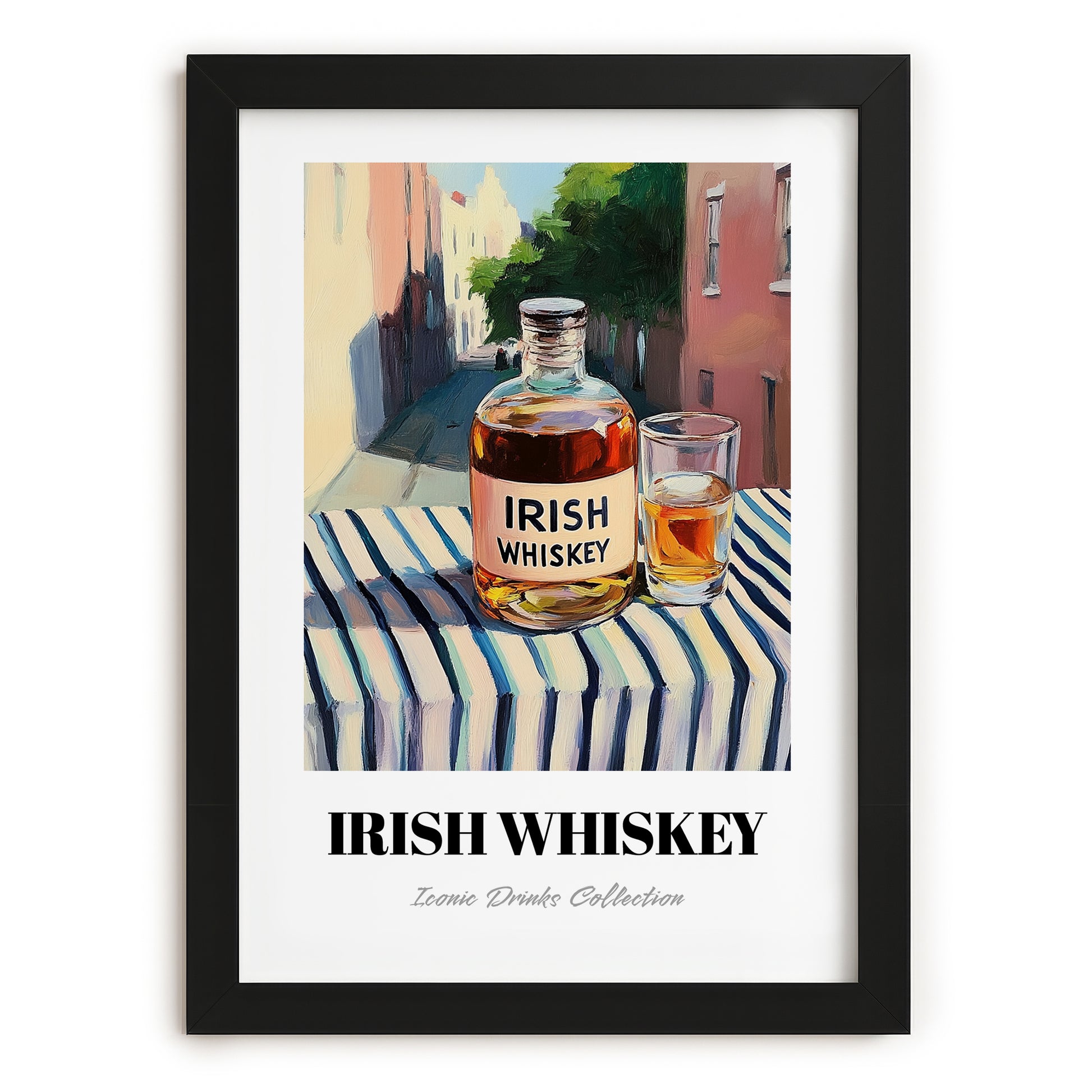 Irish Whiskey – Irish Outdoor Café Scene, Irish Whiskey Print, in sleek black frame