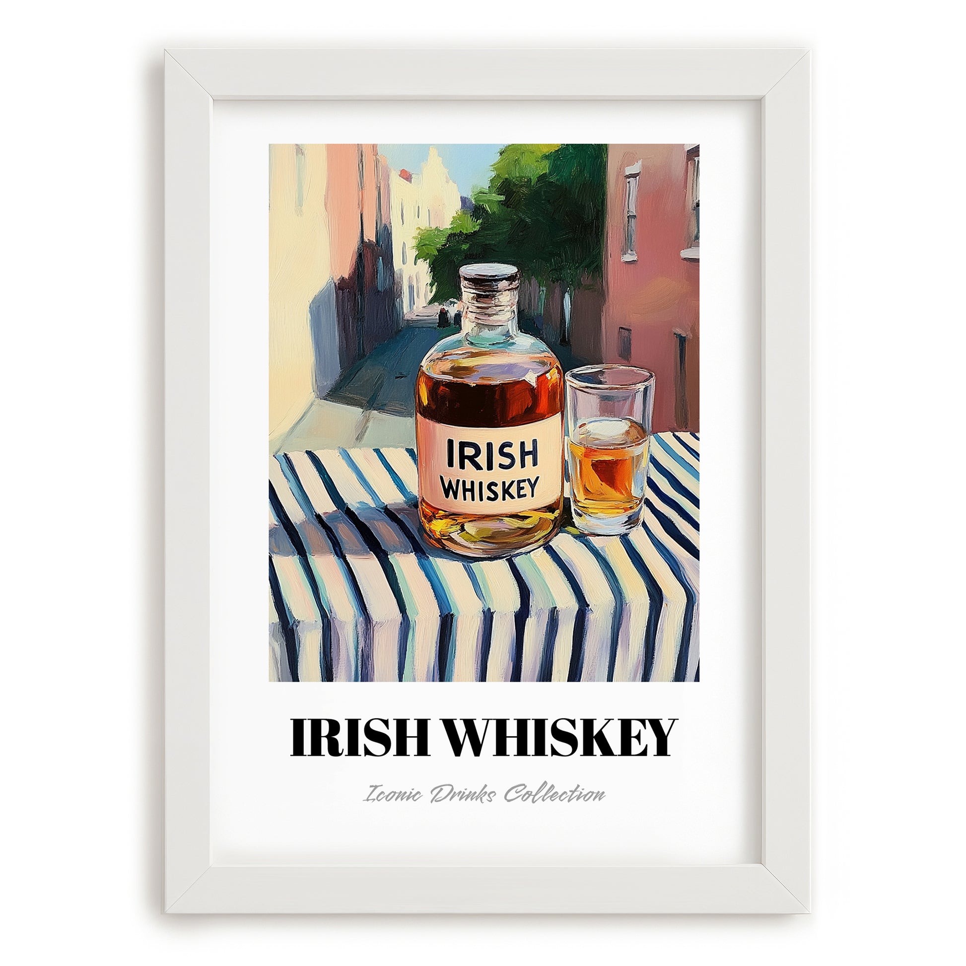 Irish Whiskey – Irish Outdoor Café Scene, Irish Whiskey Print, placed in minimal white frame