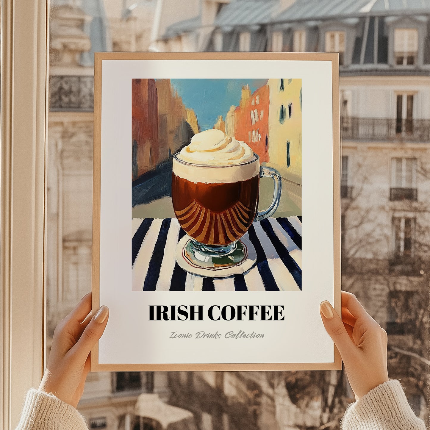 Irish Coffee – Irish Outdoor Café Scene, Irish Beverage Painting, styled in a charming Paris street view