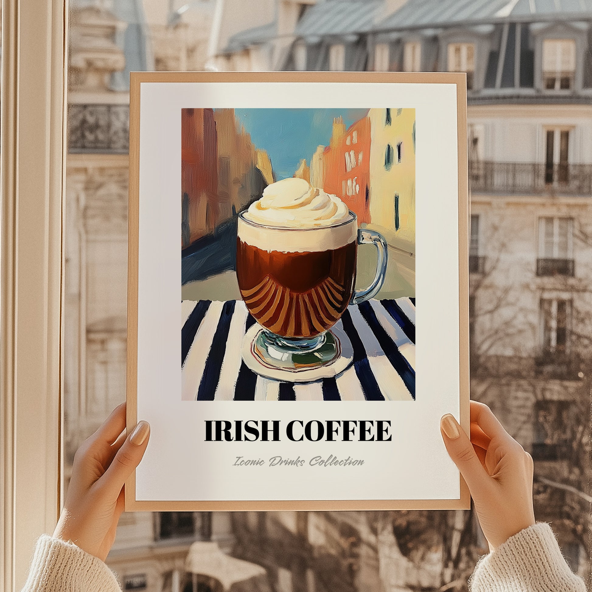 Irish Coffee – Irish Outdoor Café Scene, Irish Beverage Painting, styled in a charming Paris street view