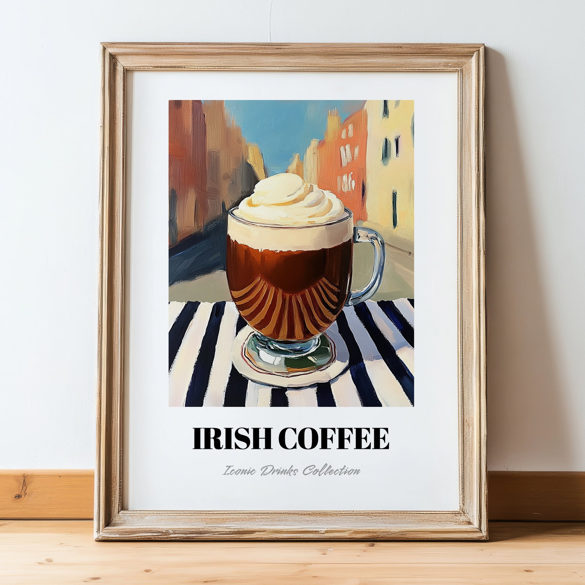 Irish Coffee – Irish Outdoor Café Scene, Irish Beverage Painting, in wooden frame leaning on the floor