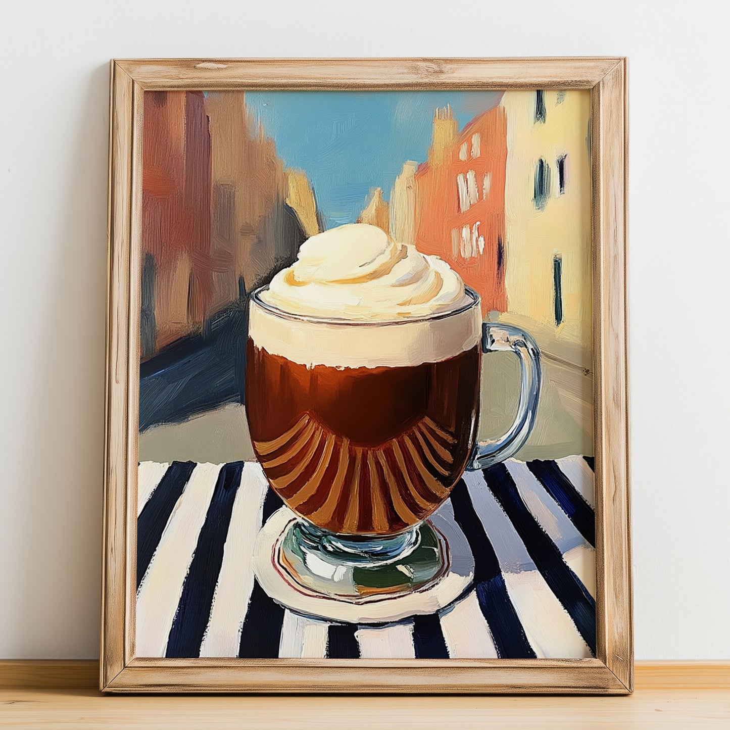 Irish Coffee – Irish Outdoor Café Scene, Irish Beverage Painting, no-text version framed in wood