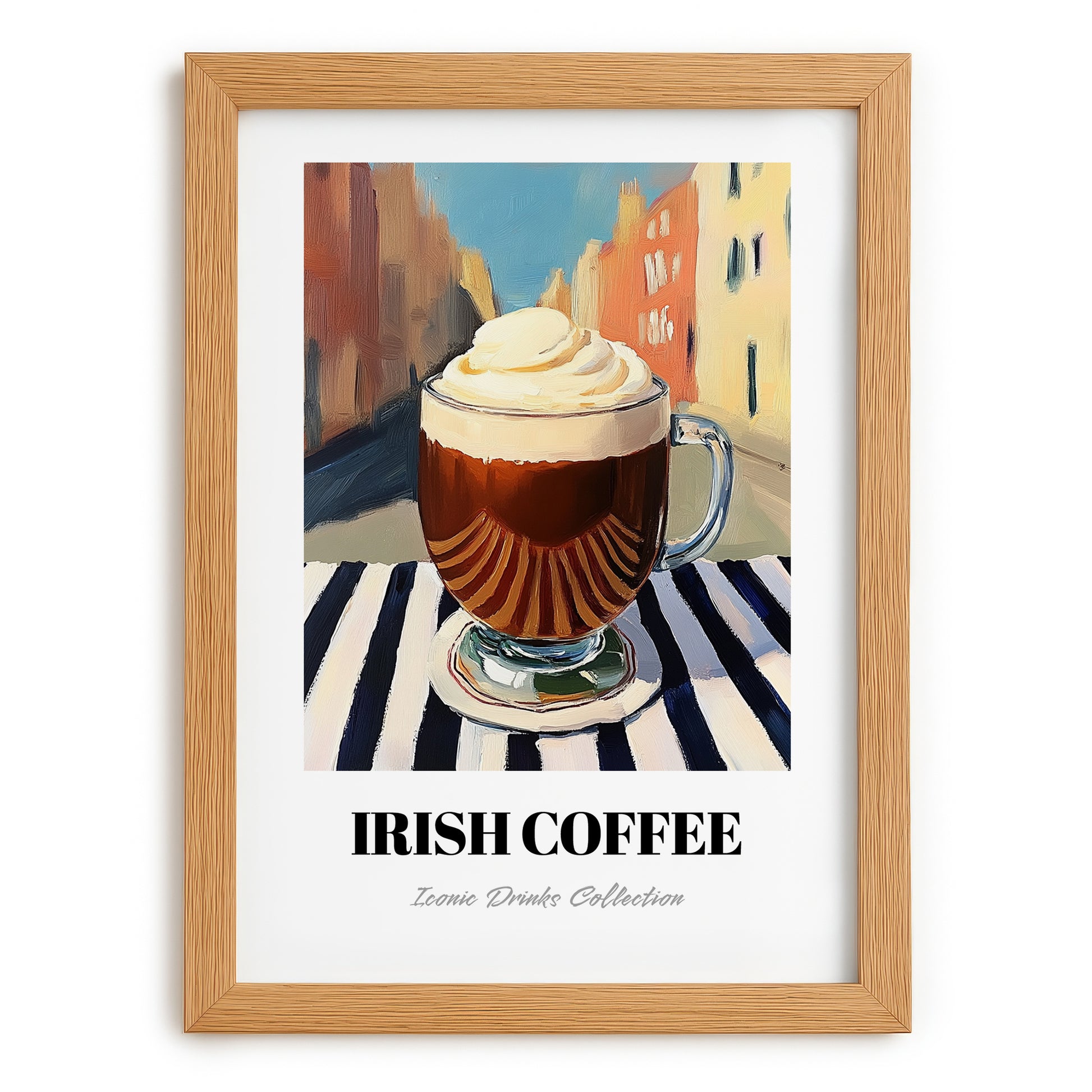 Irish Coffee – Irish Outdoor Café Scene, Irish Beverage Painting, set in oak frame