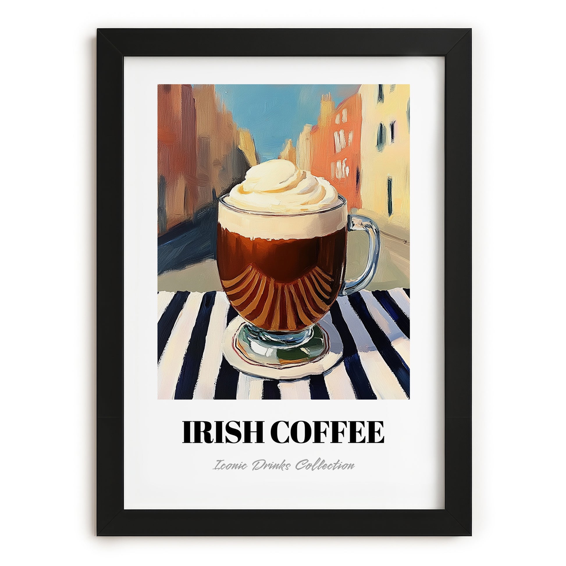 Irish Coffee – Irish Outdoor Café Scene, Irish Beverage Painting, in sleek black frame