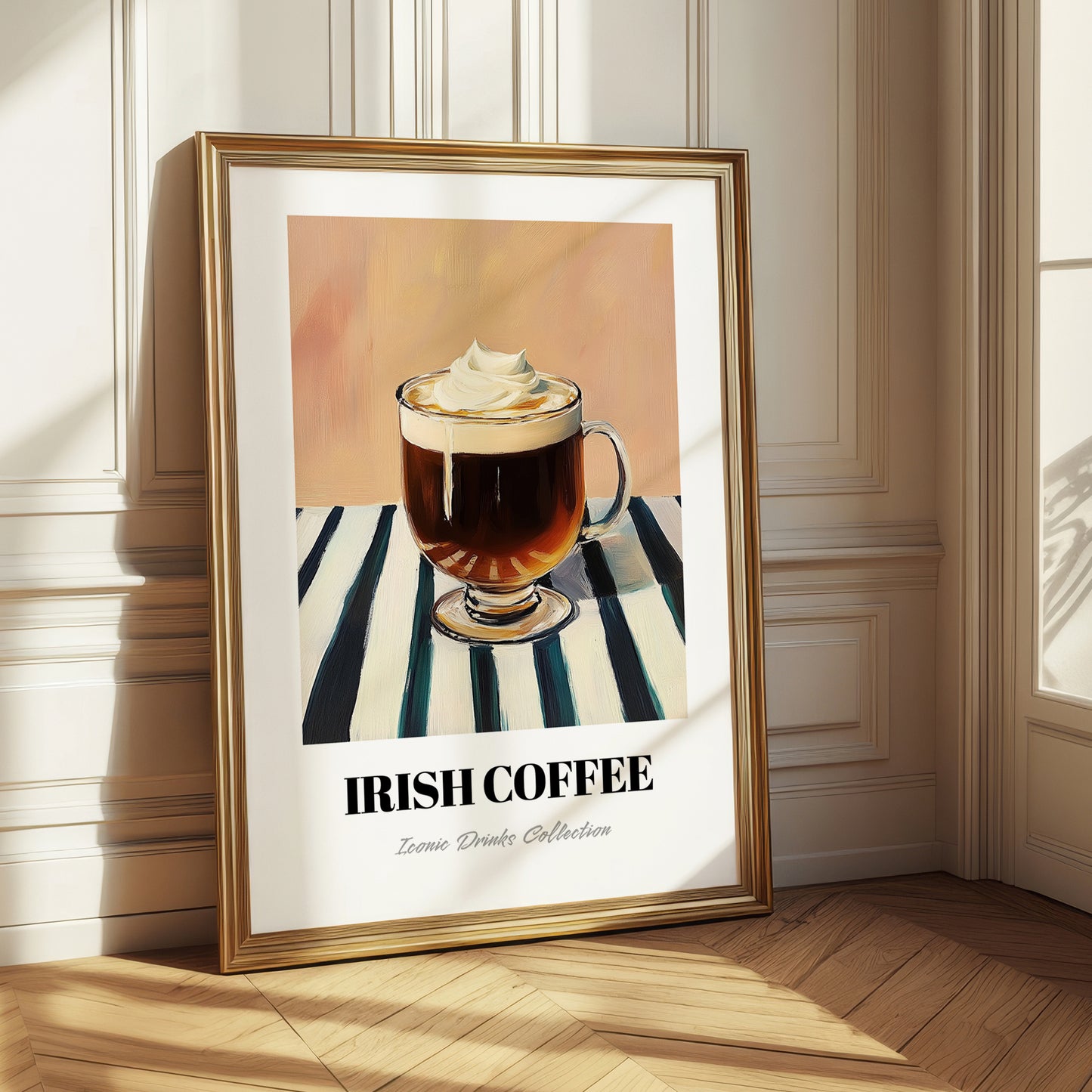Irish Coffee – on Striped Tablecloth, Irish Drink Wall Decor