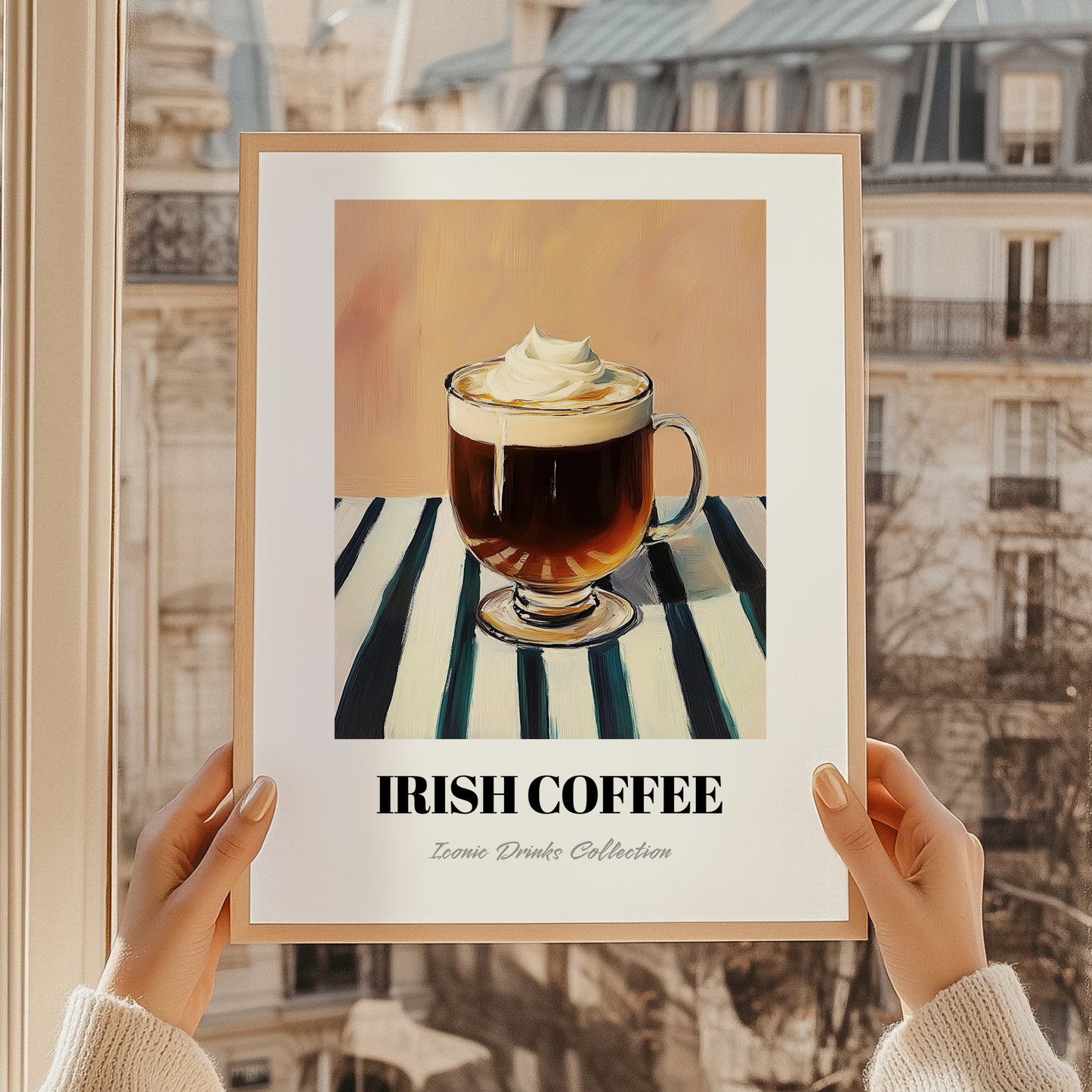 Irish Coffee – on Striped Tablecloth, Irish Drink Wall Decor, styled in a charming Paris street view