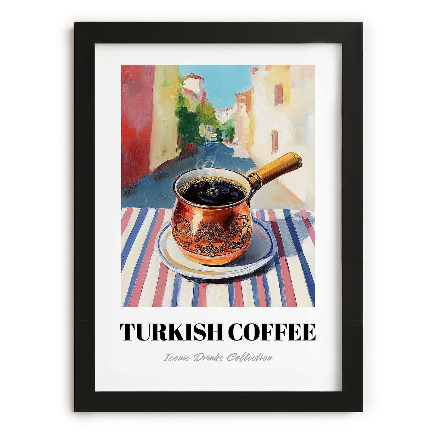 Turkish Coffee – Türk Café on the Corner, Türk Kahvesi Wall Painting, in sleek black frame