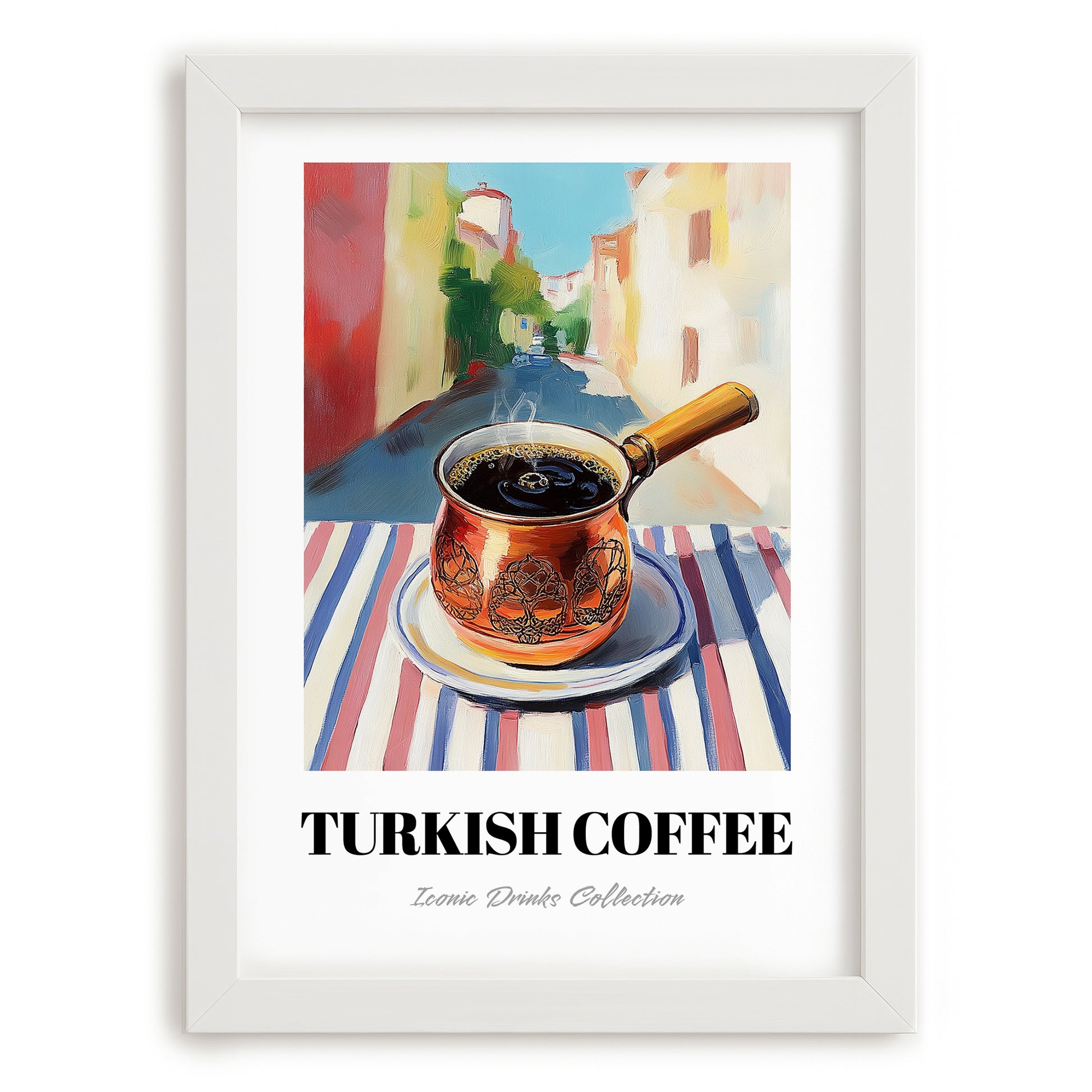 Turkish Coffee – Türk Café on the Corner, Türk Kahvesi Wall Painting, placed in minimal white frame