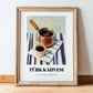 Türk Kahvesi – on Striped Tablecloth, Turkish Coffee Still Life, in wooden frame leaning on the floor