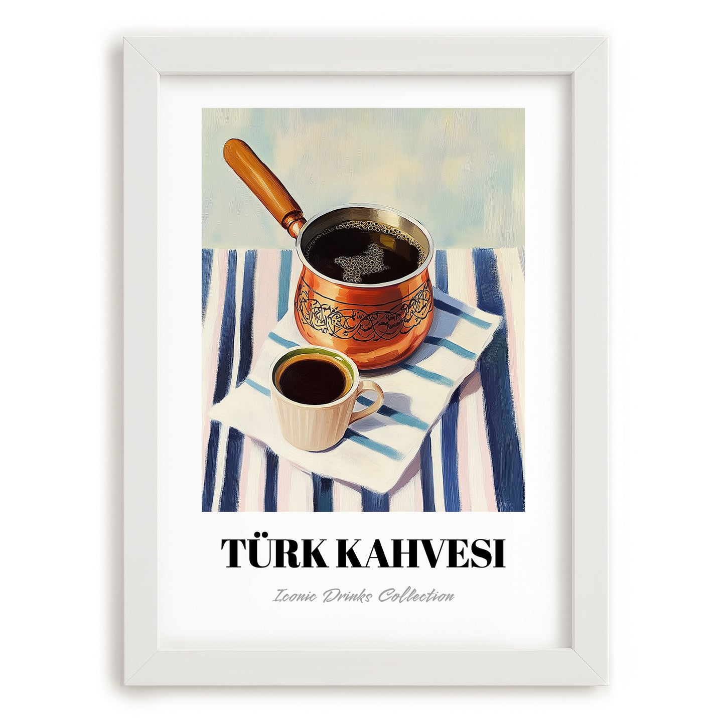 Türk Kahvesi – on Striped Tablecloth, Turkish Coffee Still Life, placed in minimal white frame