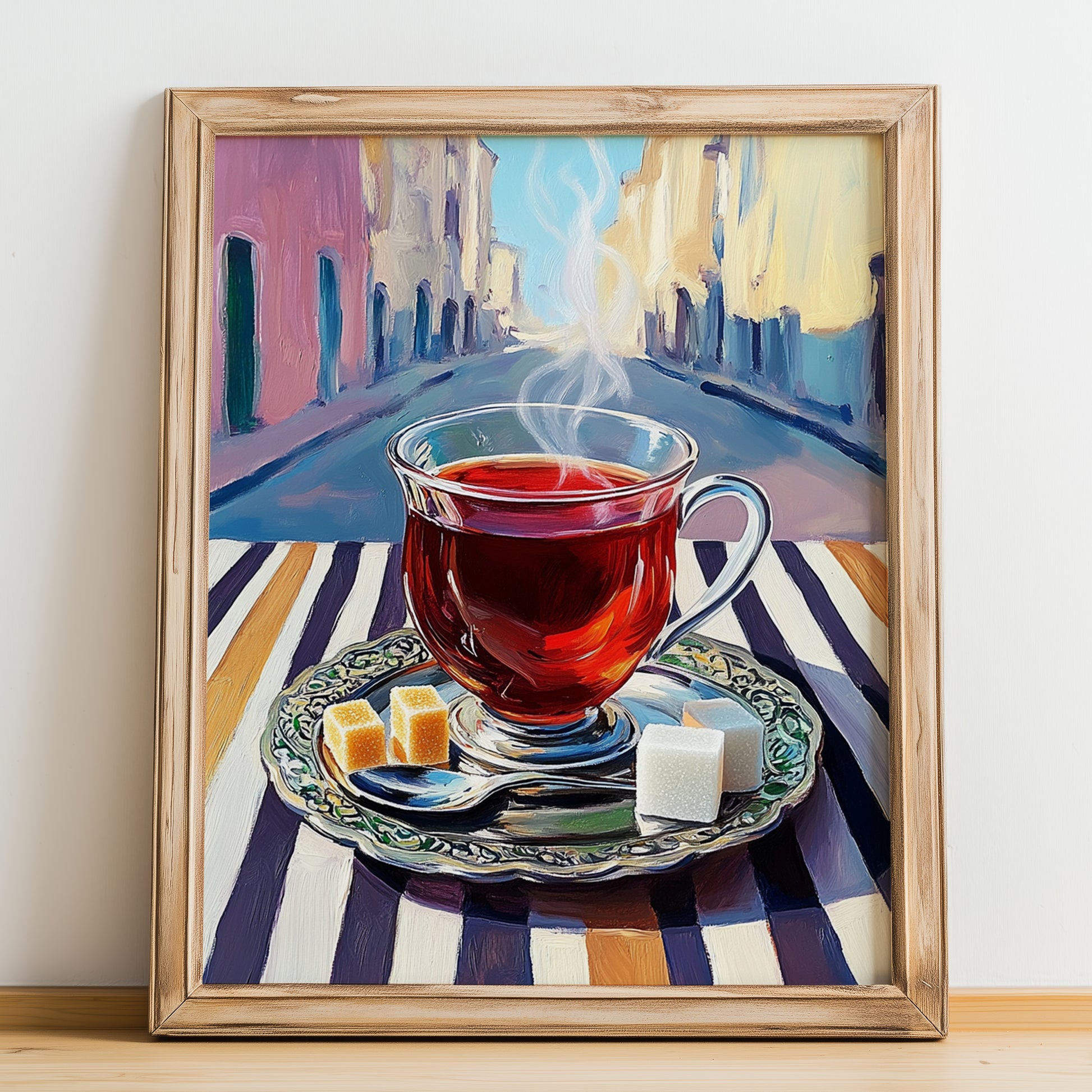 Turkish Tea – Türk Urban Café Scene, Türk Çayı Illustration, no-text version framed in wood