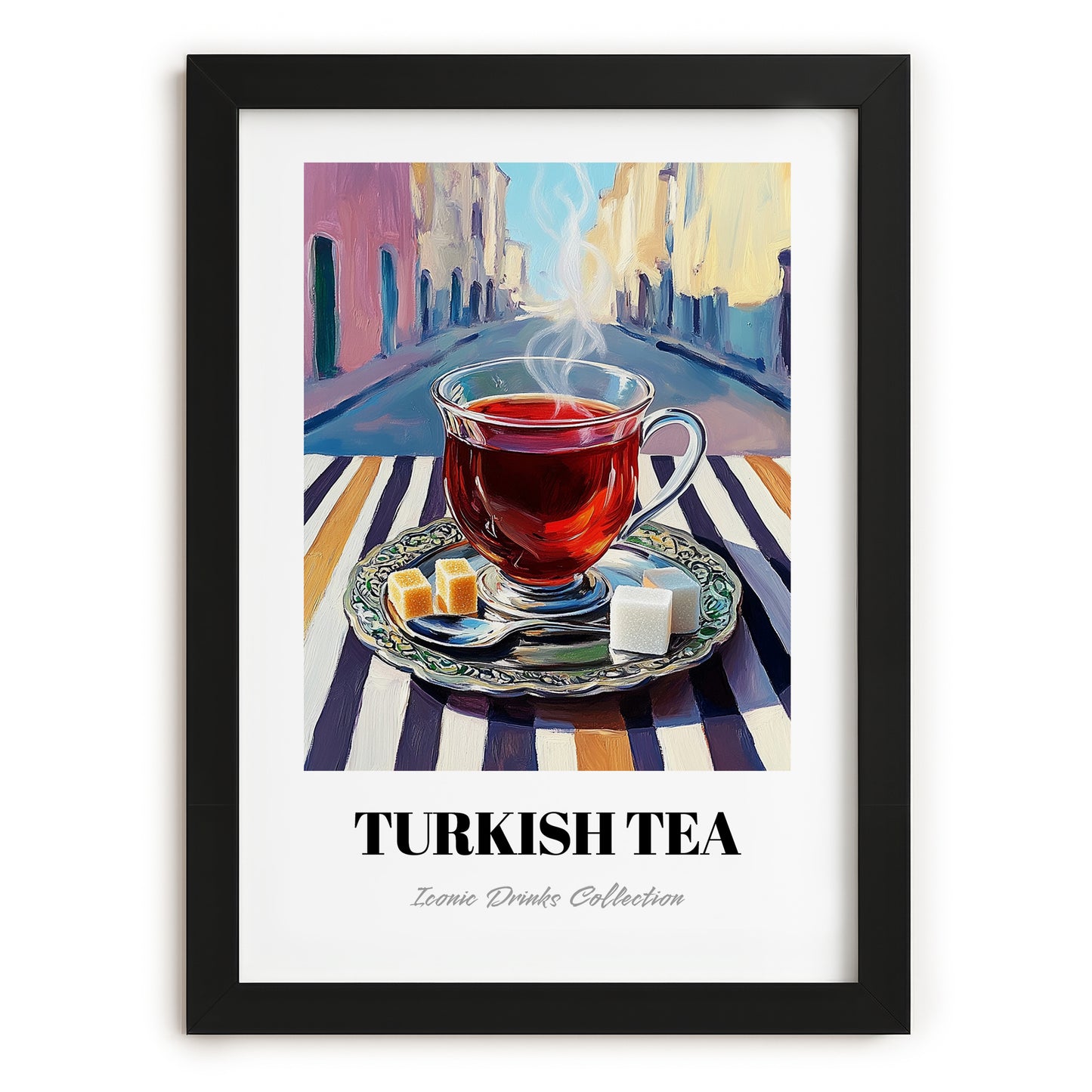 Turkish Tea – Türk Urban Café Scene, Türk Çayı Illustration, in sleek black frame