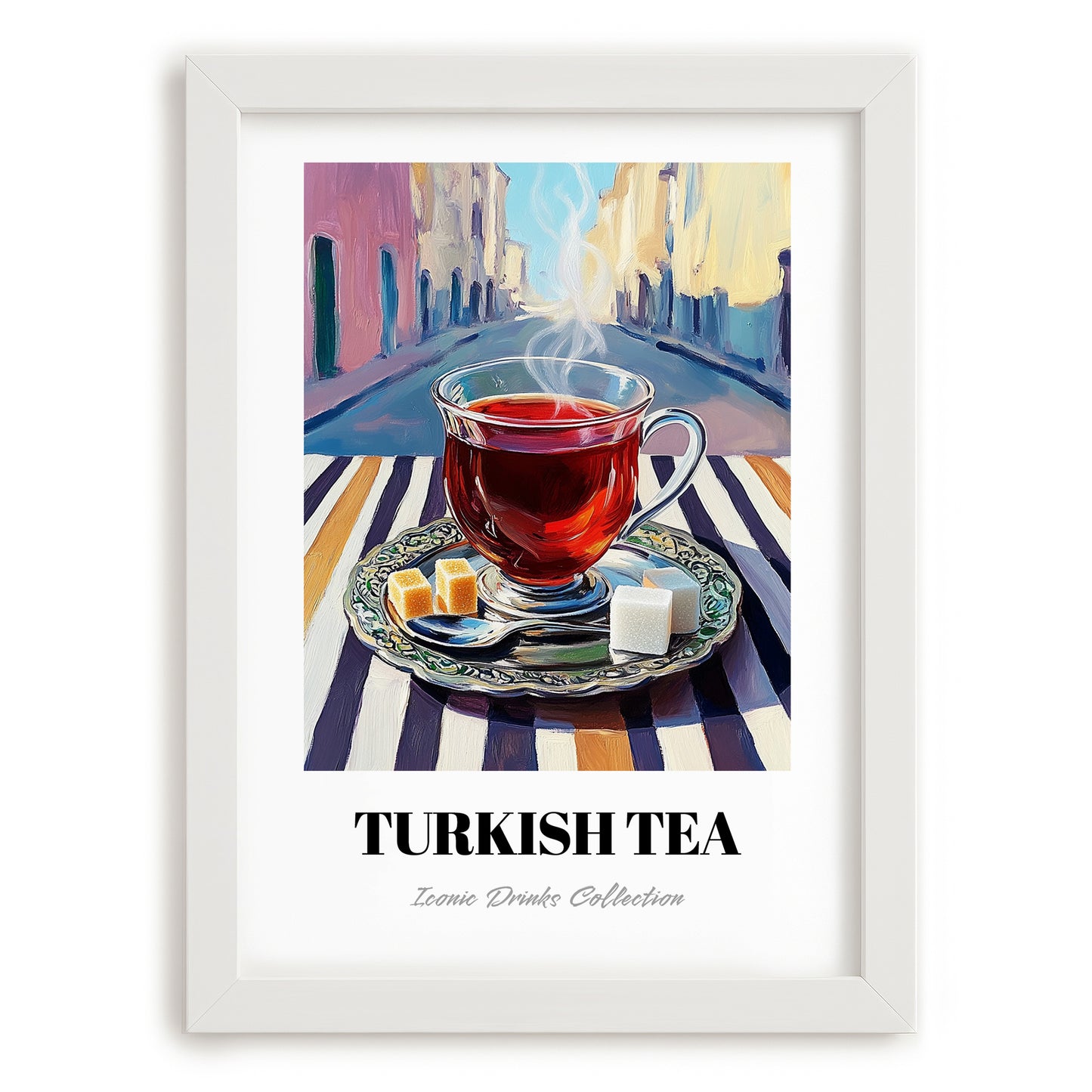 Turkish Tea – Türk Urban Café Scene, Türk Çayı Illustration, placed in minimal white frame