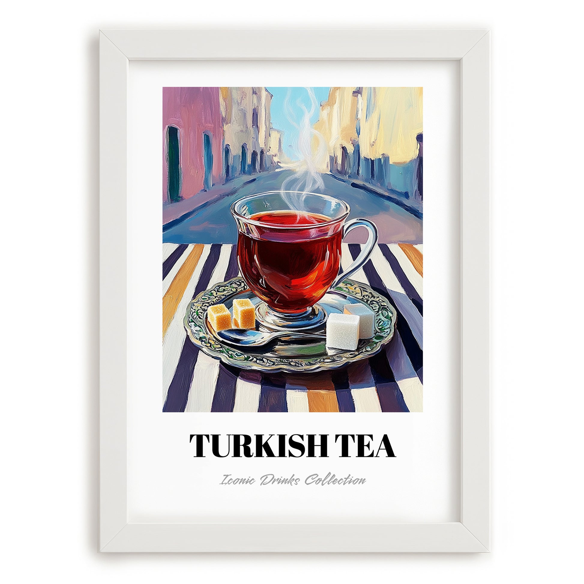 Turkish Tea – Türk Urban Café Scene, Türk Çayı Illustration, placed in minimal white frame