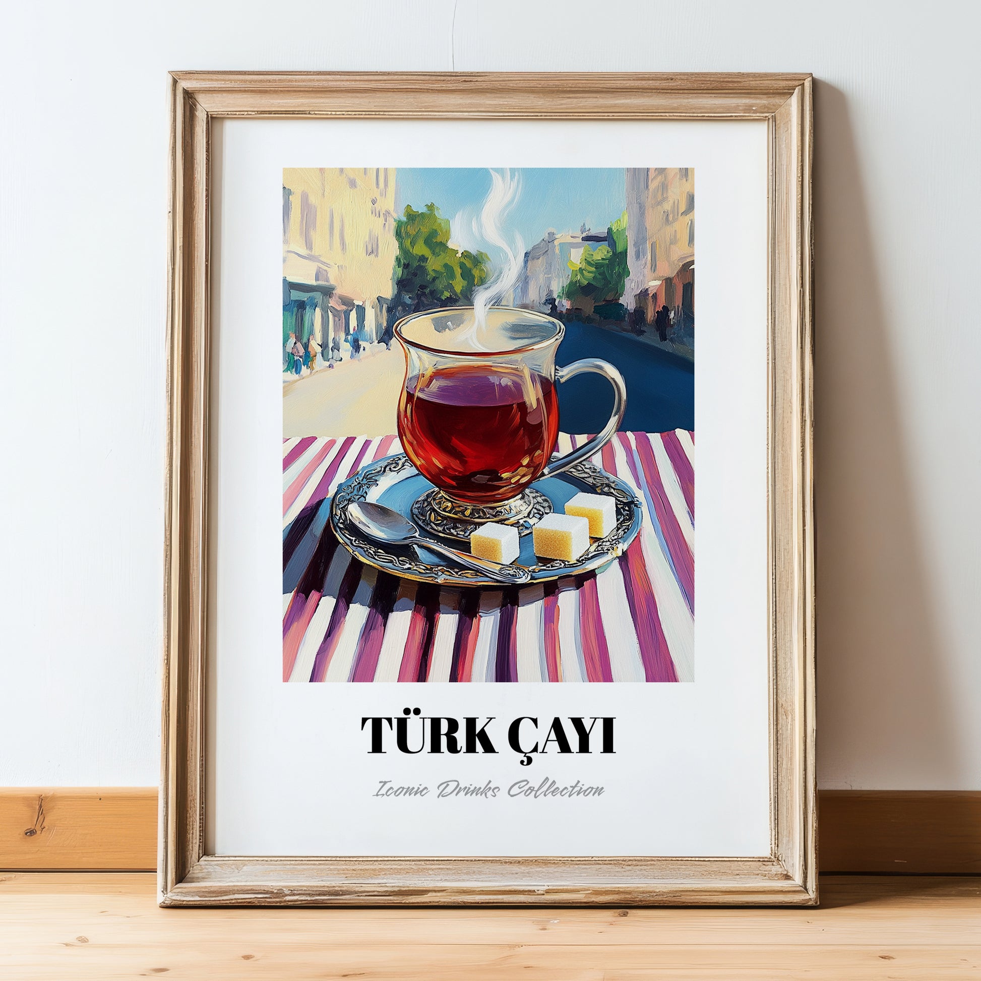Türk Çayı – Turkish Outdoor Café Scene, Turkish Tea Poster, in wooden frame leaning on the floor