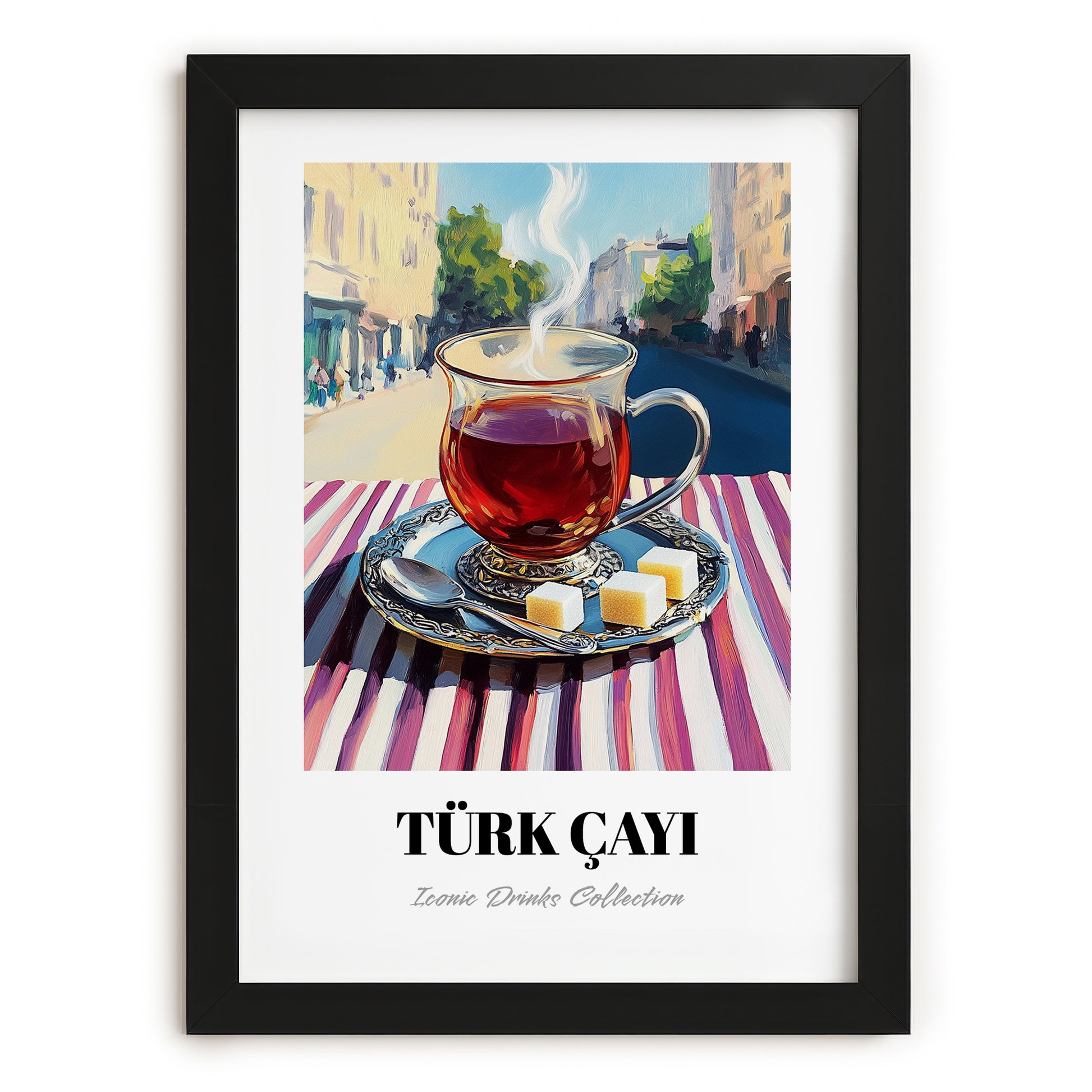 Türk Çayı – Turkish Outdoor Café Scene, Turkish Tea Poster, in sleek black frame