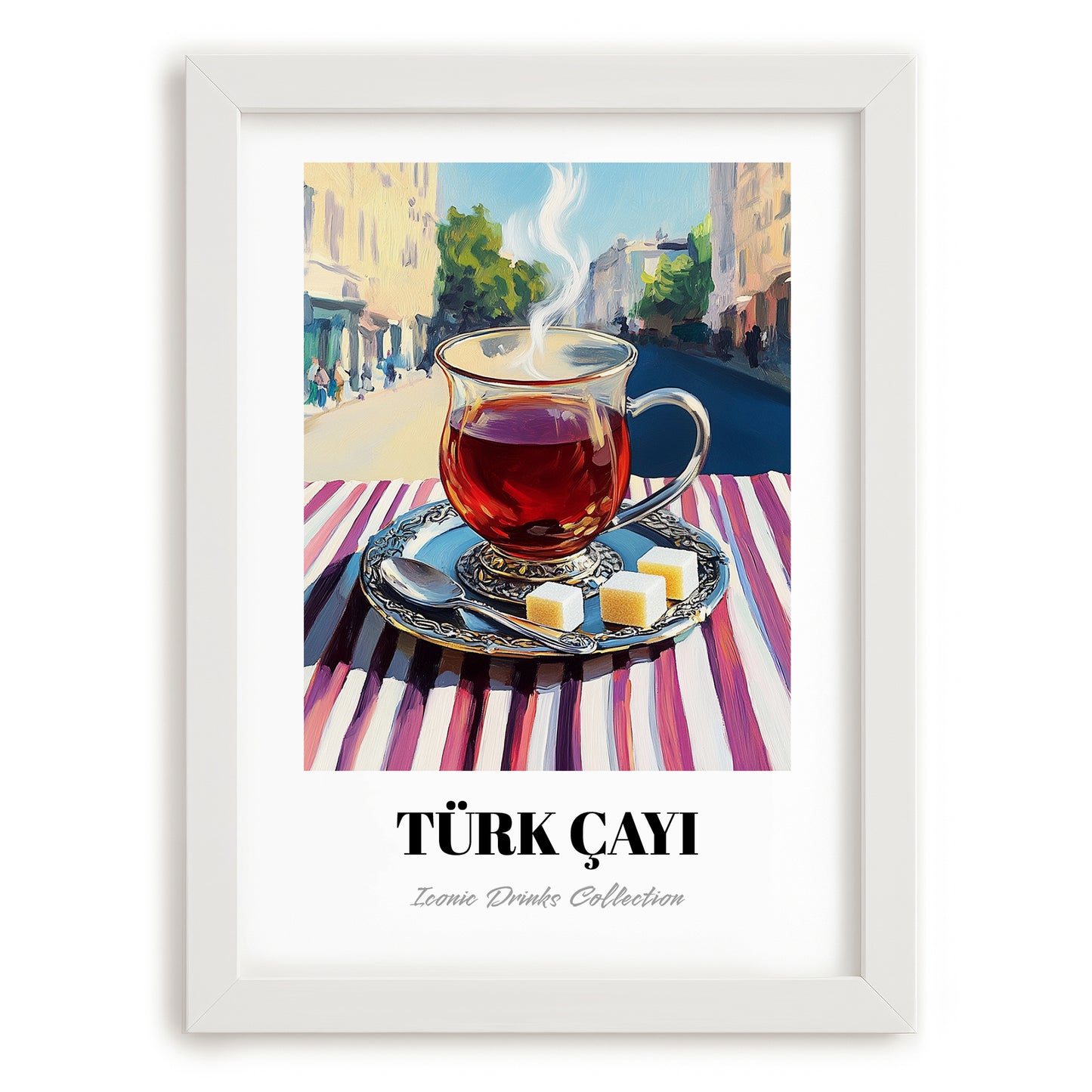 Türk Çayı – Turkish Outdoor Café Scene, Turkish Tea Poster, placed in minimal white frame