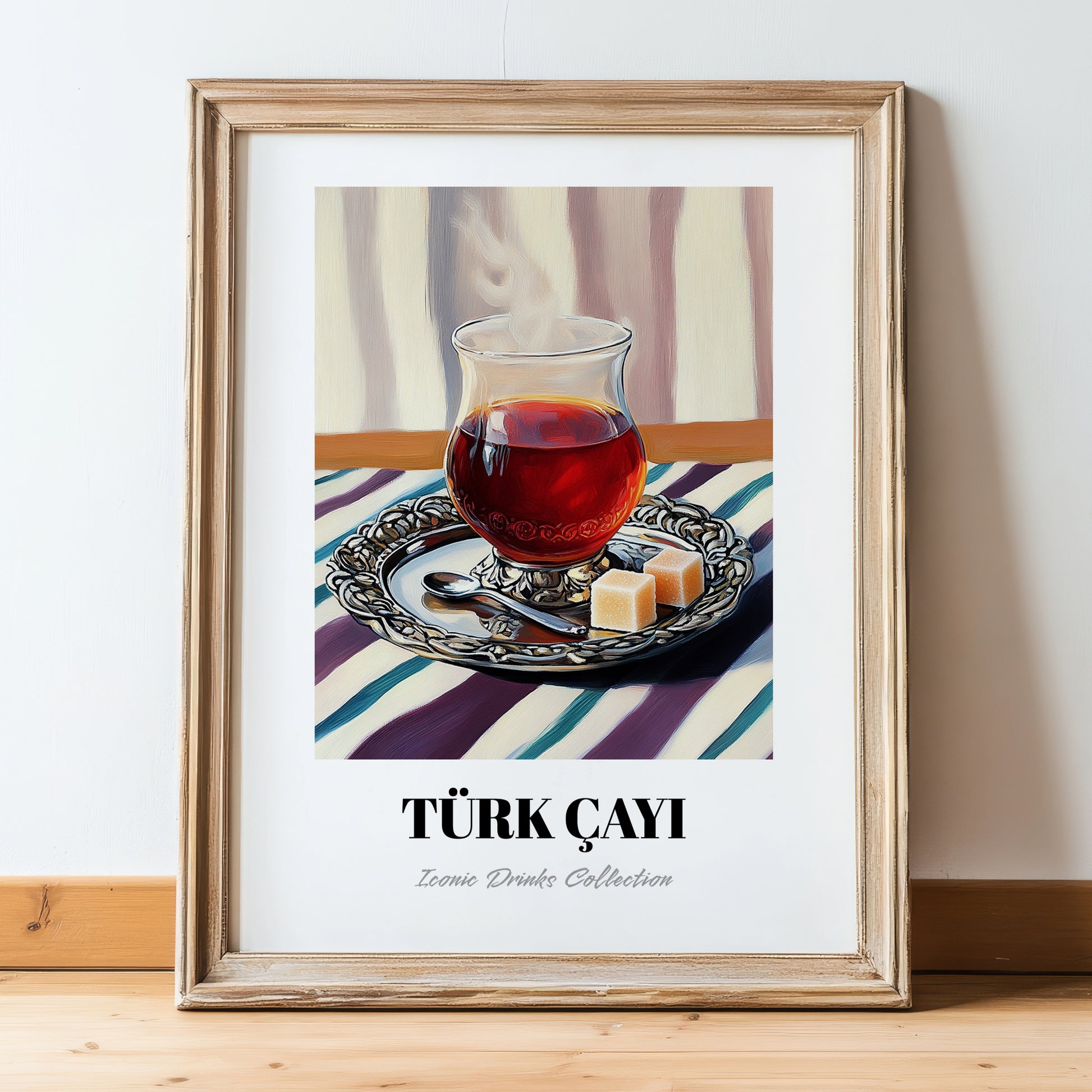 Türk Çayı – on Striped Tablecloth, Turkish Tea Wall Decor, in wooden frame leaning on the floor