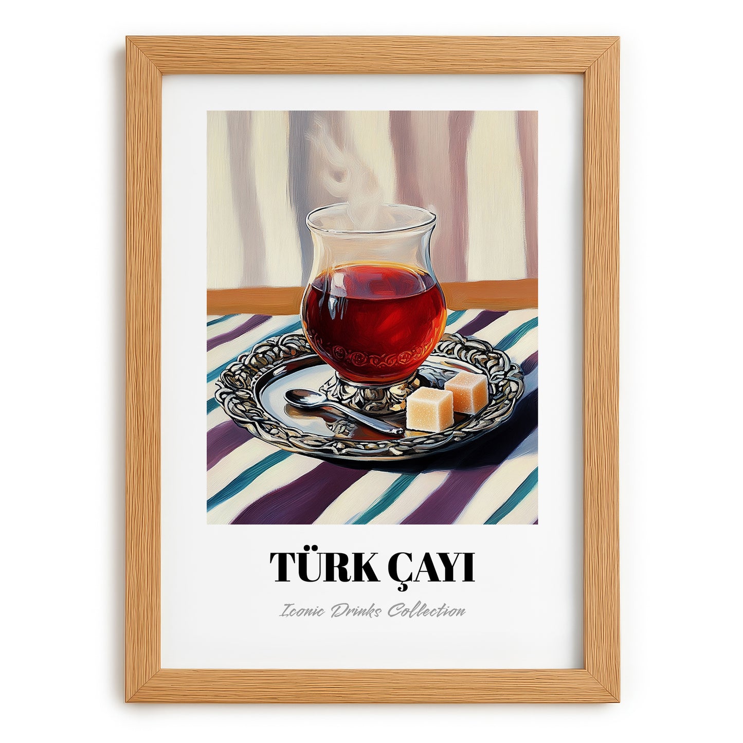 Türk Çayı – on Striped Tablecloth, Turkish Tea Wall Decor, set in oak frame