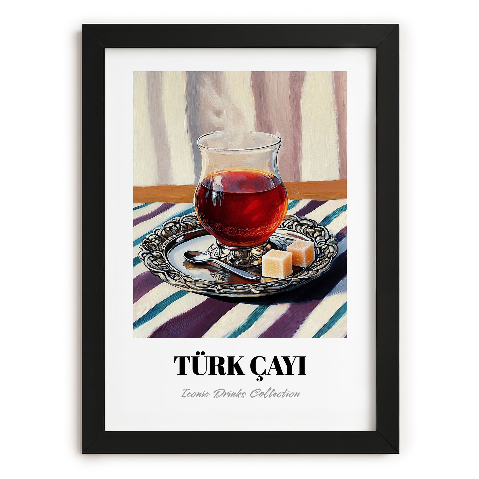 Türk Çayı – on Striped Tablecloth, Turkish Tea Wall Decor, in sleek black frame