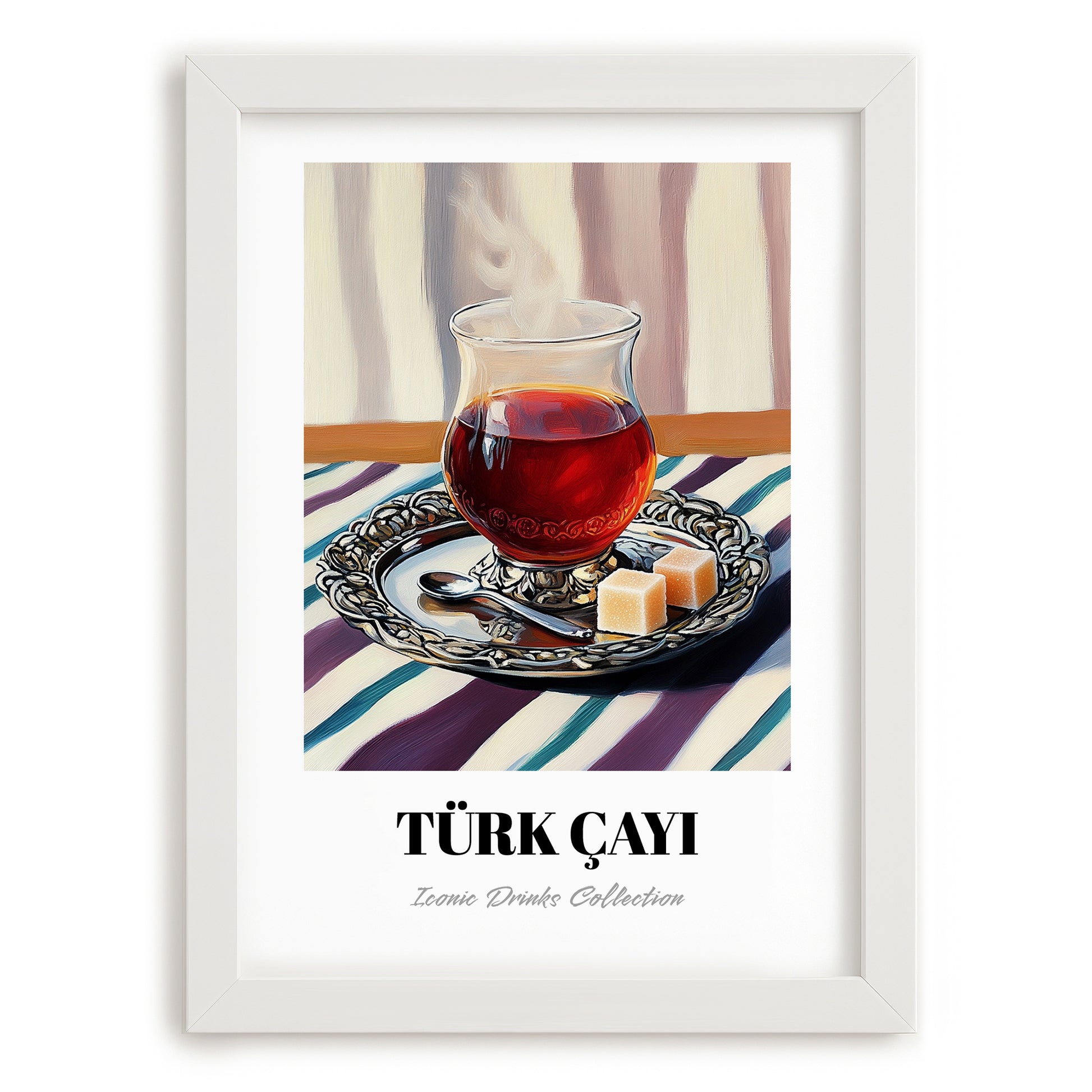 Türk Çayı – on Striped Tablecloth, Turkish Tea Wall Decor, placed in minimal white frame