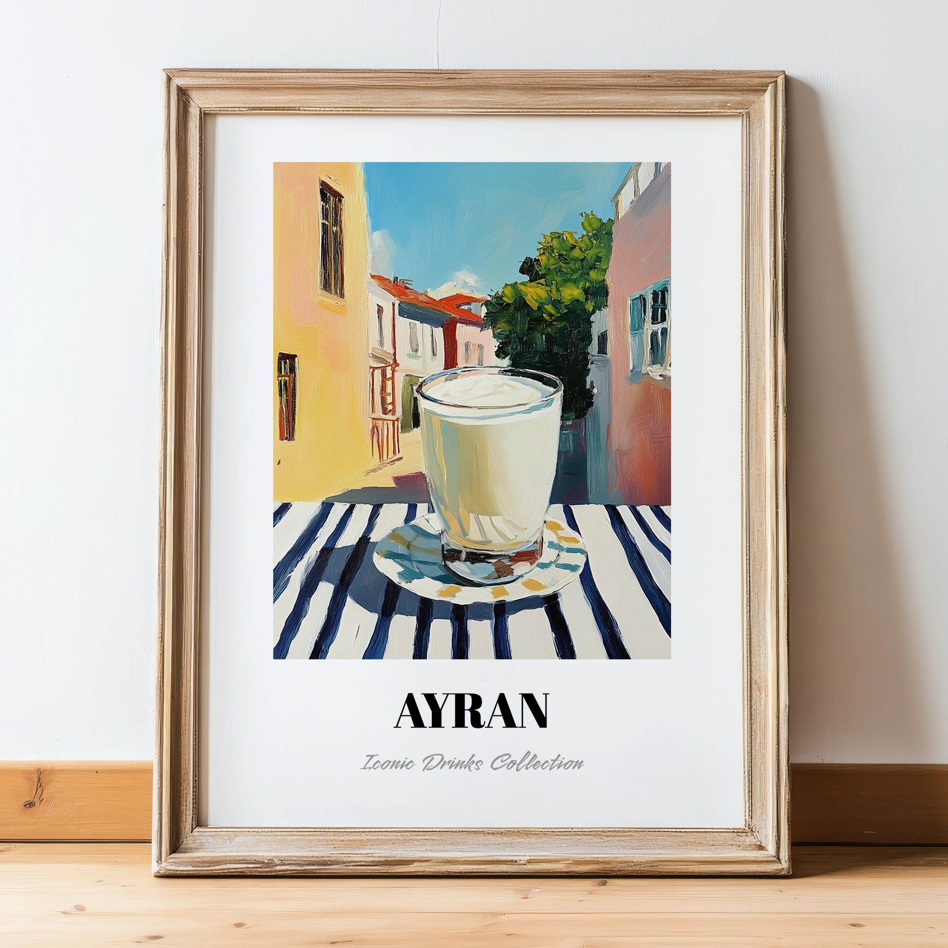 Ayran – Turkish Street Café Scene, Turkish Beverage Poster, in wooden frame leaning on the floor