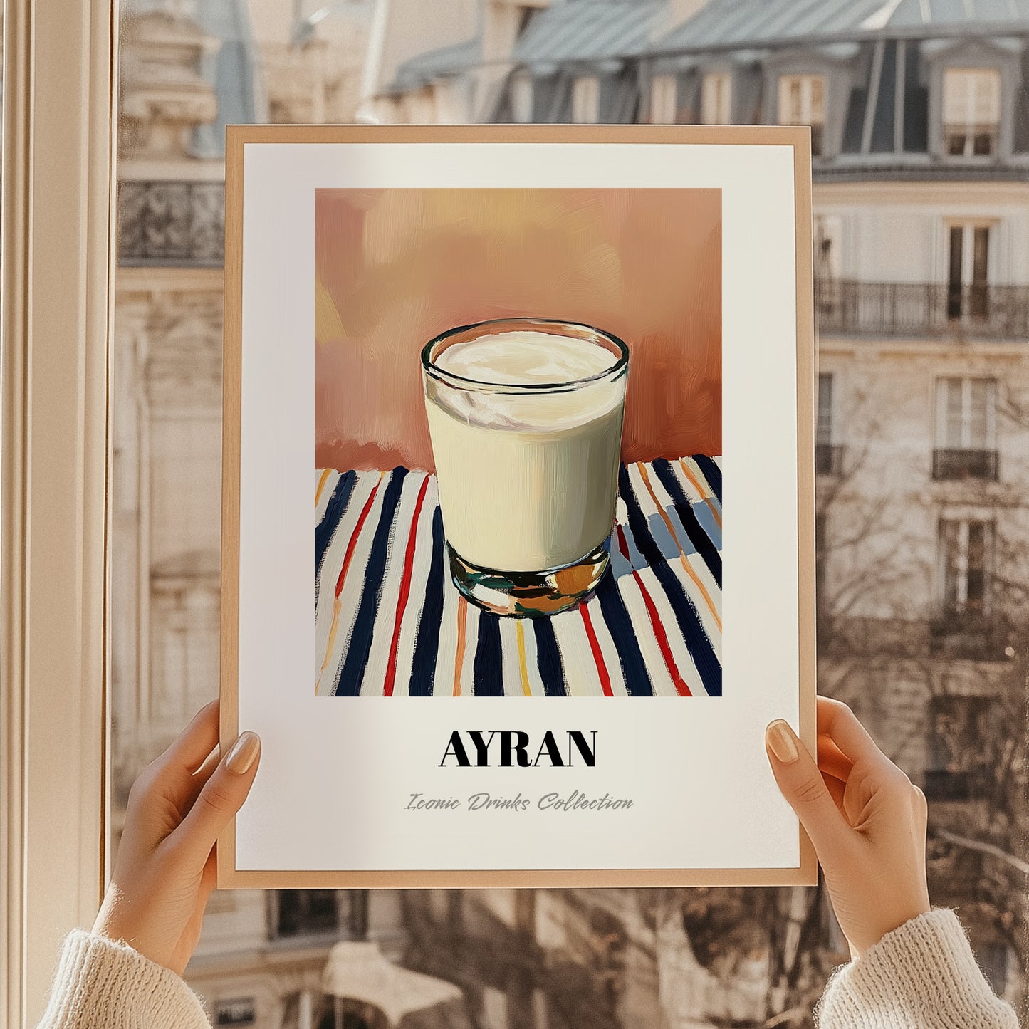 Ayran – on Striped Tablecloth, Turkish Beverage Wall Decor, styled in a charming Paris street view