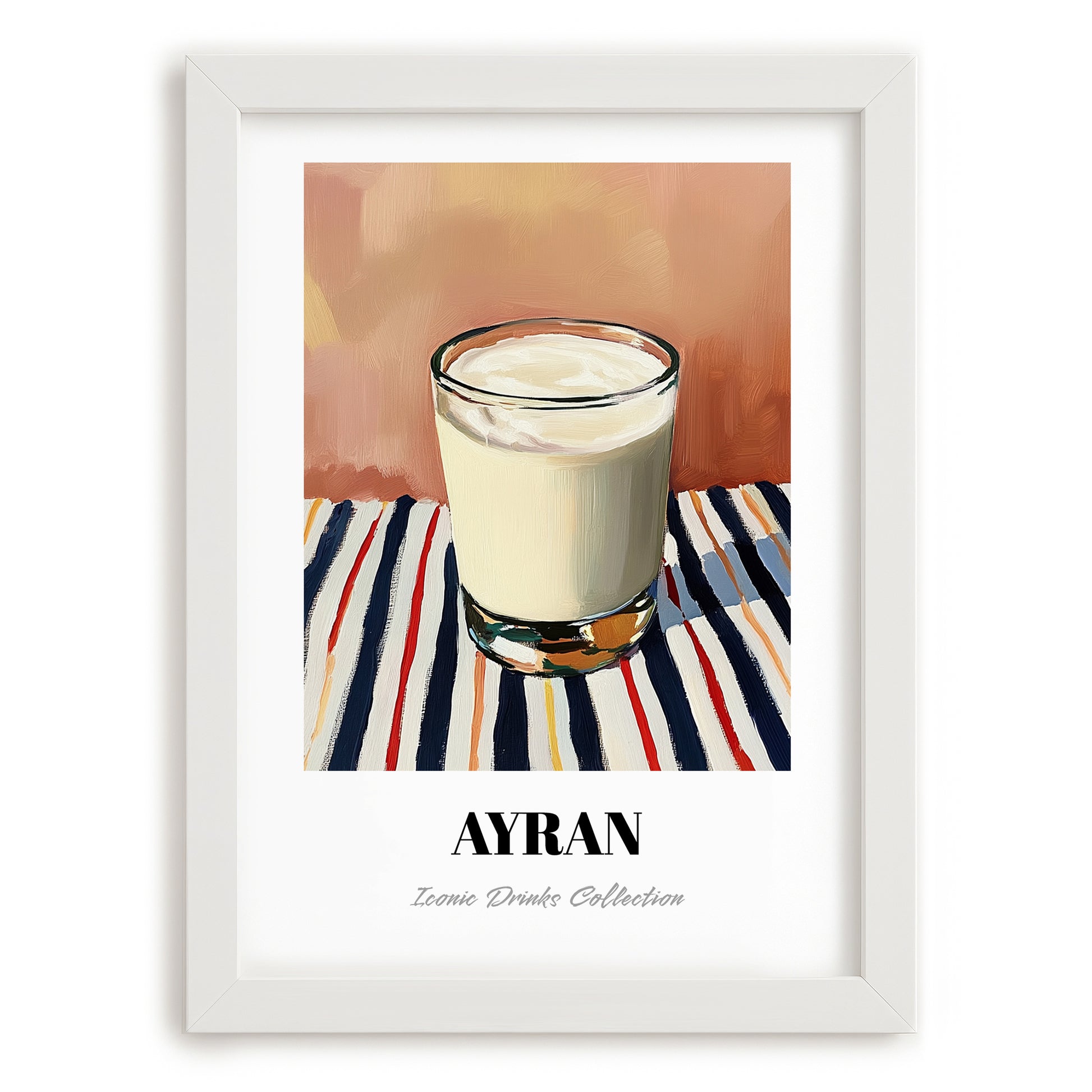 Ayran – on Striped Tablecloth, Turkish Beverage Wall Decor, placed in minimal white frame