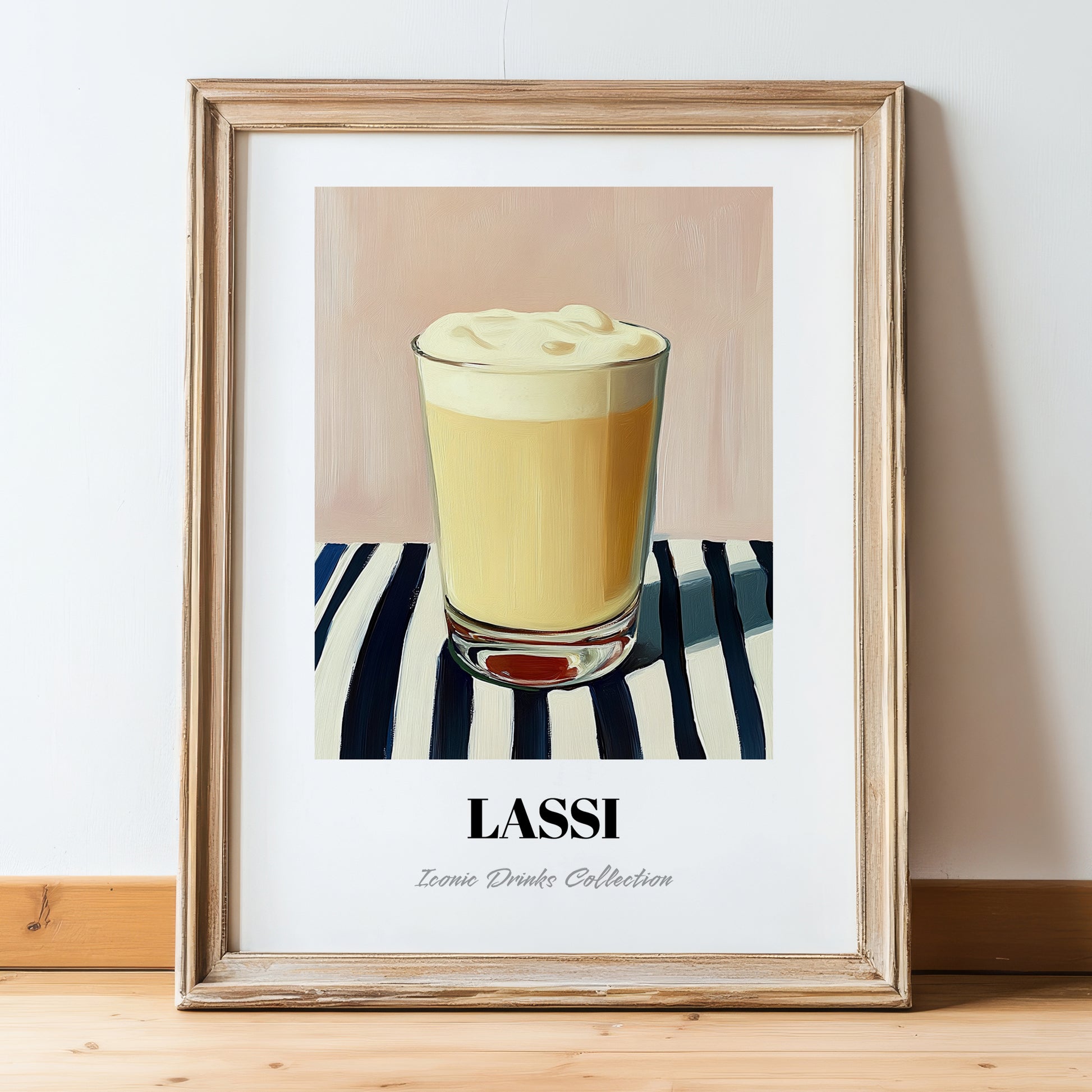 Lassi – on Striped Tablecloth, Pakistani Beverage Painting, in wooden frame leaning on the floor