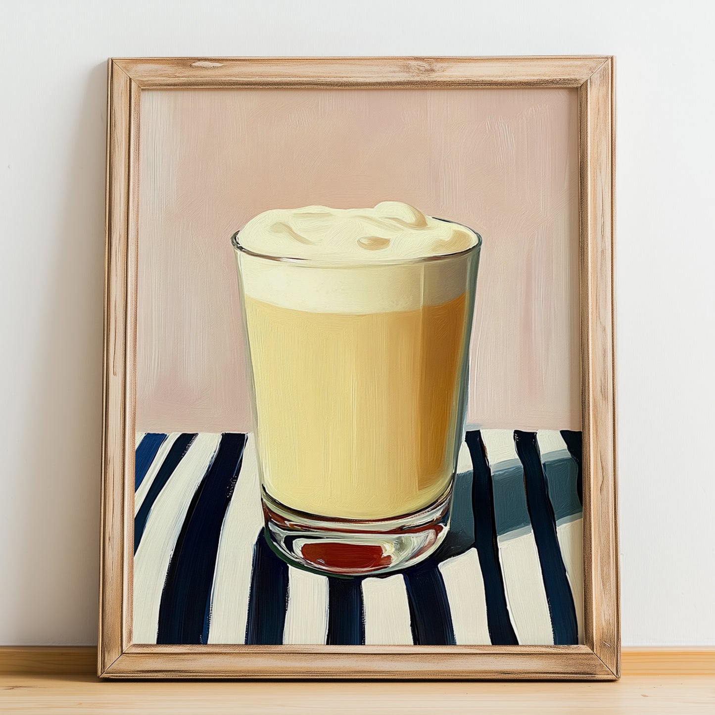 Lassi – on Striped Tablecloth, Pakistani Beverage Painting, no-text version framed in wood