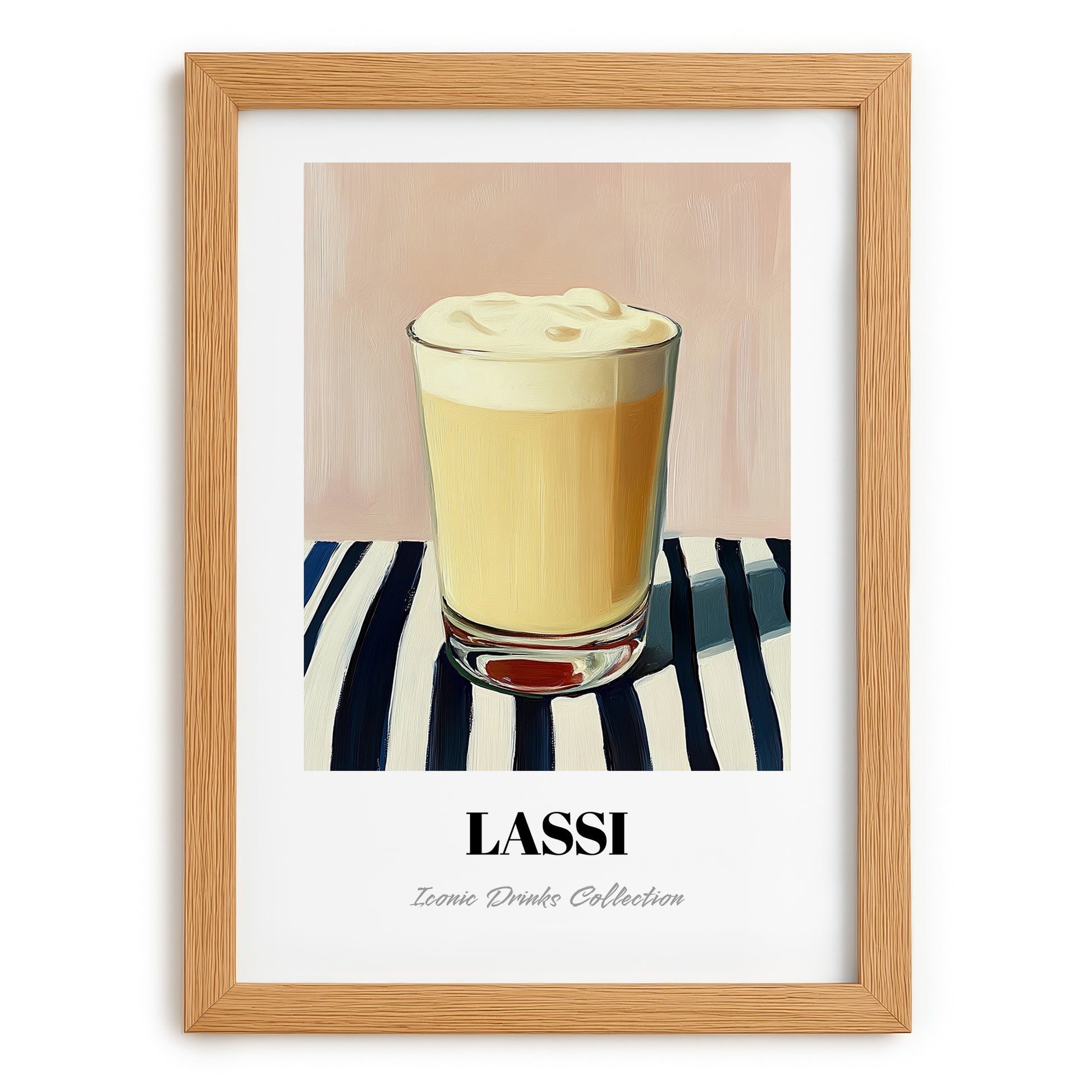 Lassi – on Striped Tablecloth, Pakistani Beverage Painting, set in oak frame