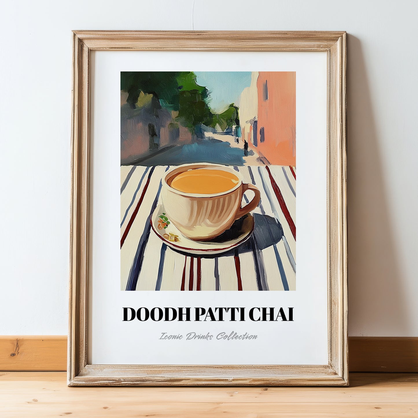 Doodh Patti Chai – Pakistani Café on the Corner, Pakistani Tea Print, in wooden frame leaning on the floor