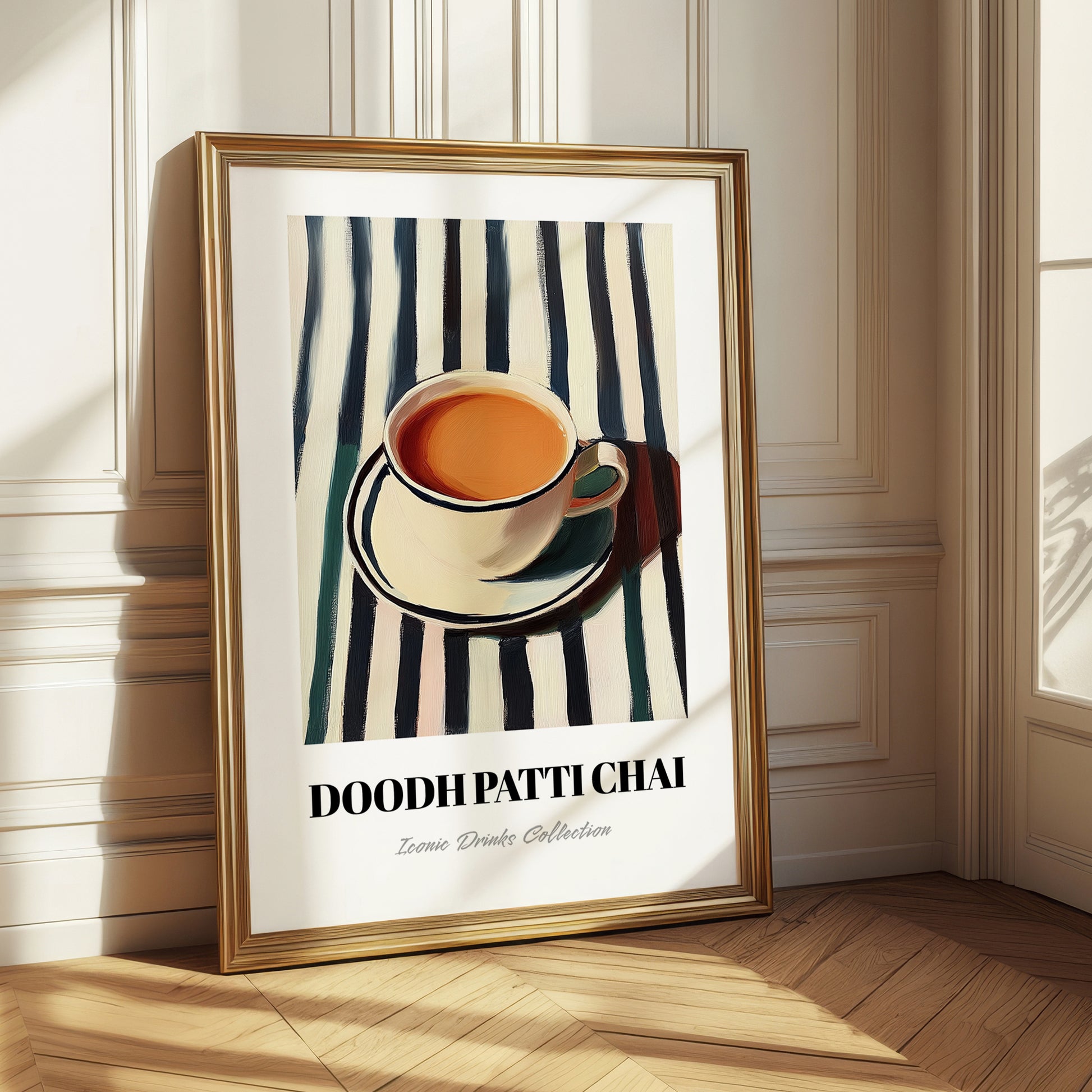 Doodh Patti Chai – on Striped Tablecloth, Pakistani Tea Painting