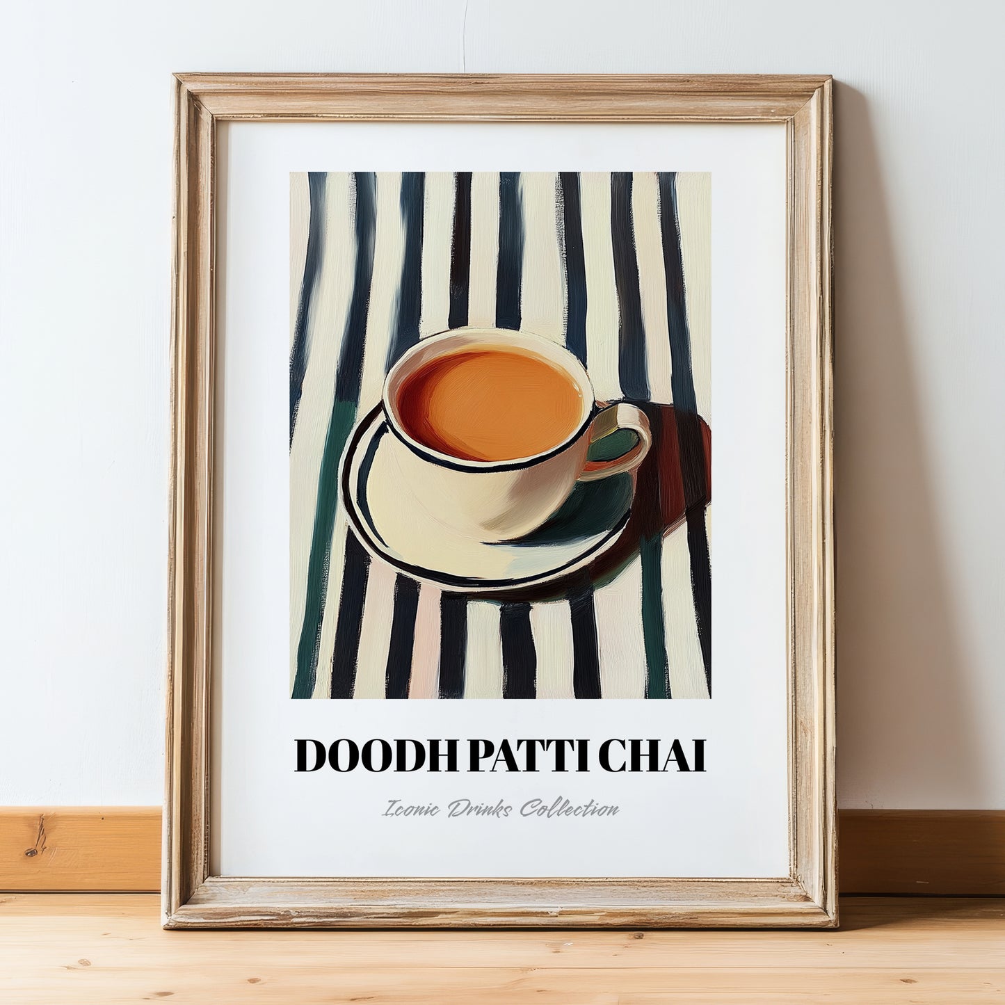 Doodh Patti Chai – on Striped Tablecloth, Pakistani Tea Painting, in wooden frame leaning on the floor