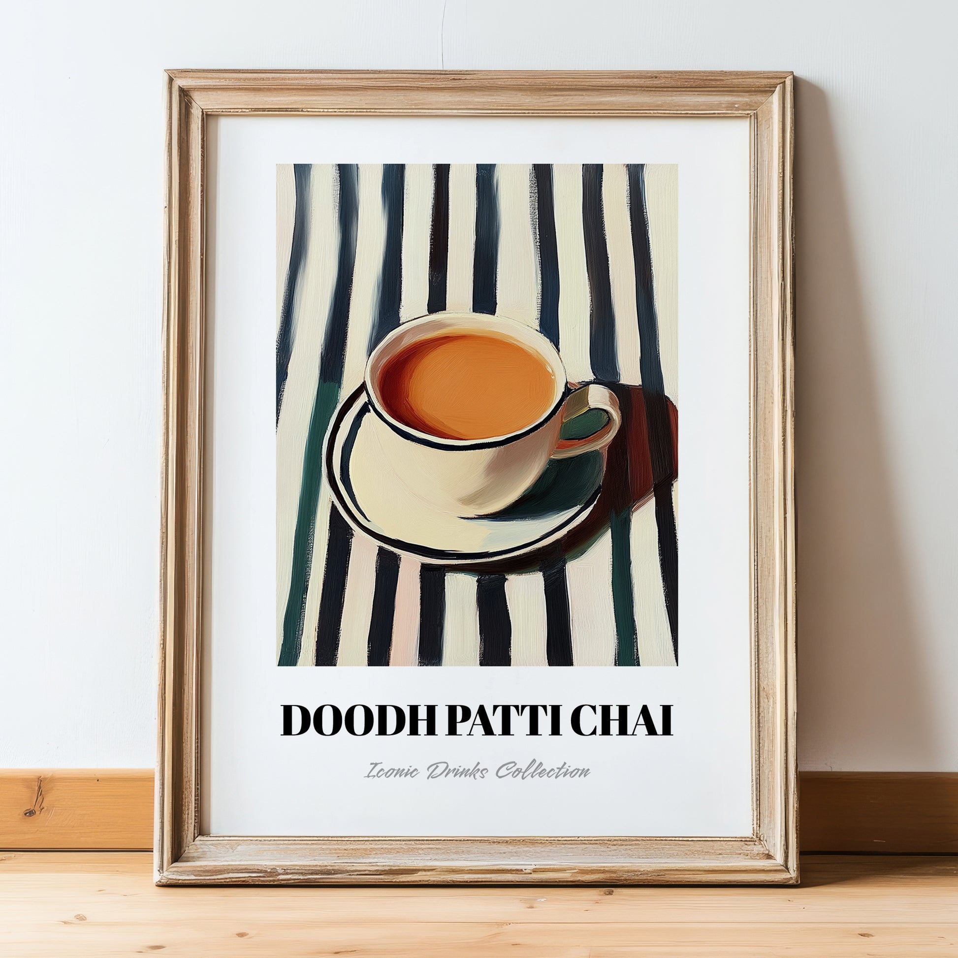 Doodh Patti Chai – on Striped Tablecloth, Pakistani Tea Painting, in wooden frame leaning on the floor