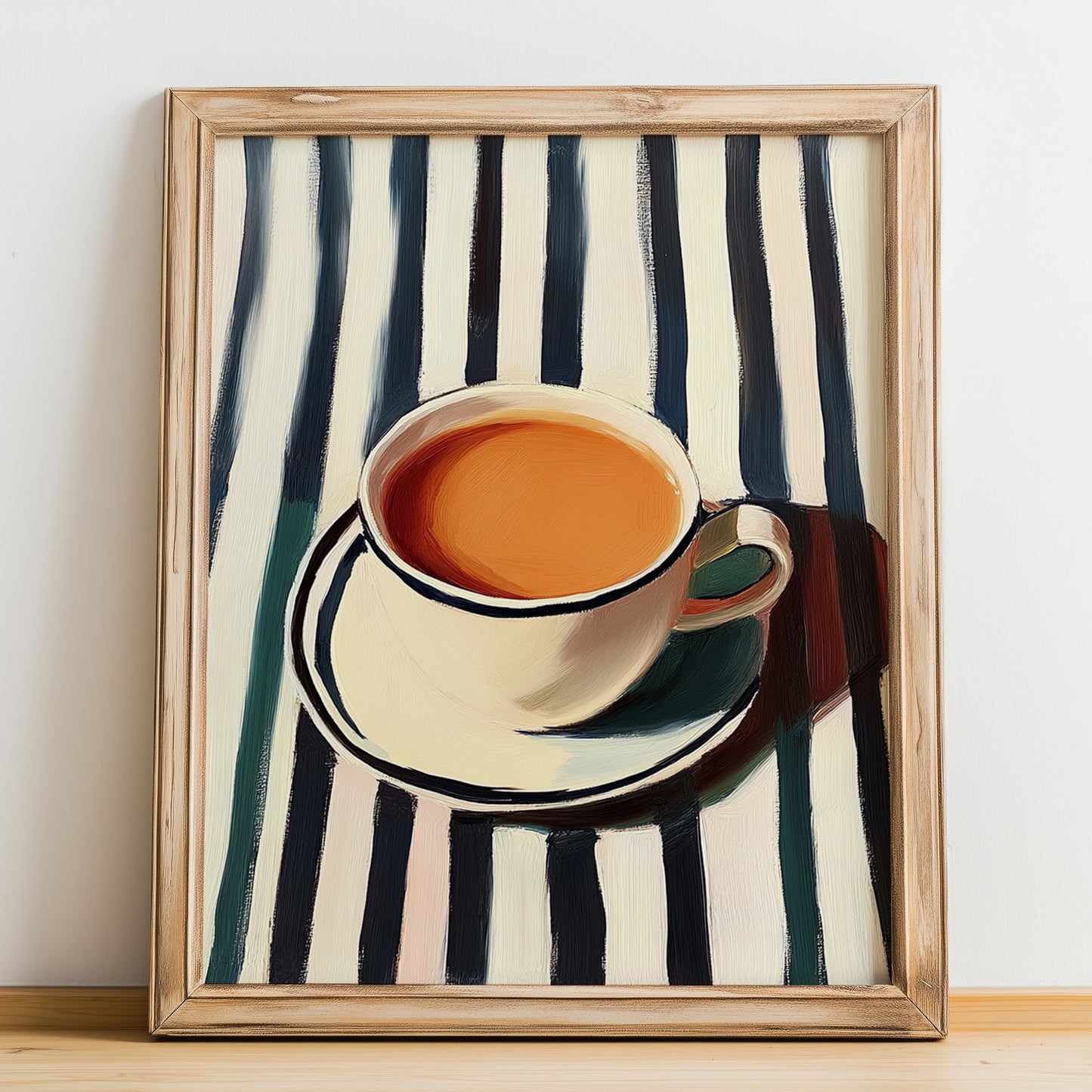Doodh Patti Chai – on Striped Tablecloth, Pakistani Tea Painting, no-text version framed in wood