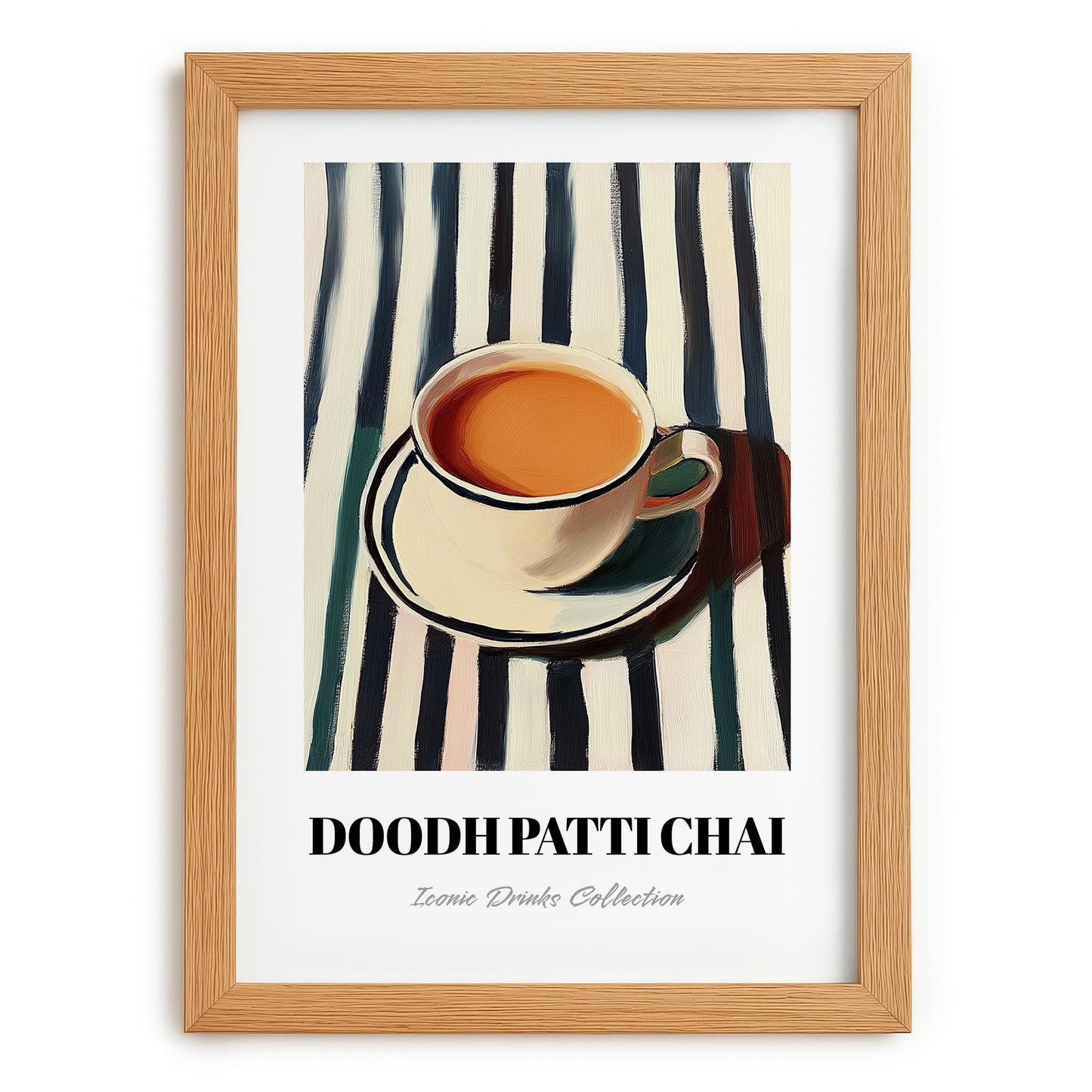 Doodh Patti Chai – on Striped Tablecloth, Pakistani Tea Painting, set in oak frame