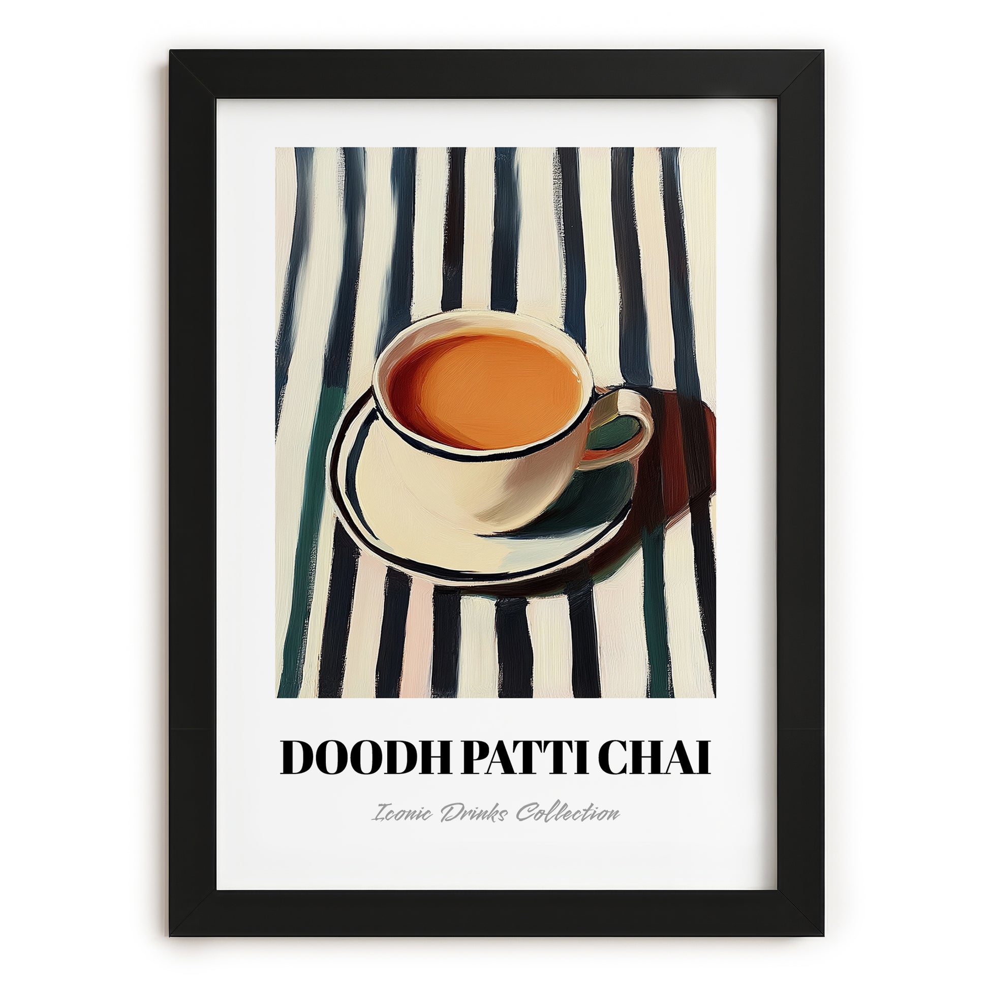 Doodh Patti Chai – on Striped Tablecloth, Pakistani Tea Painting, in sleek black frame