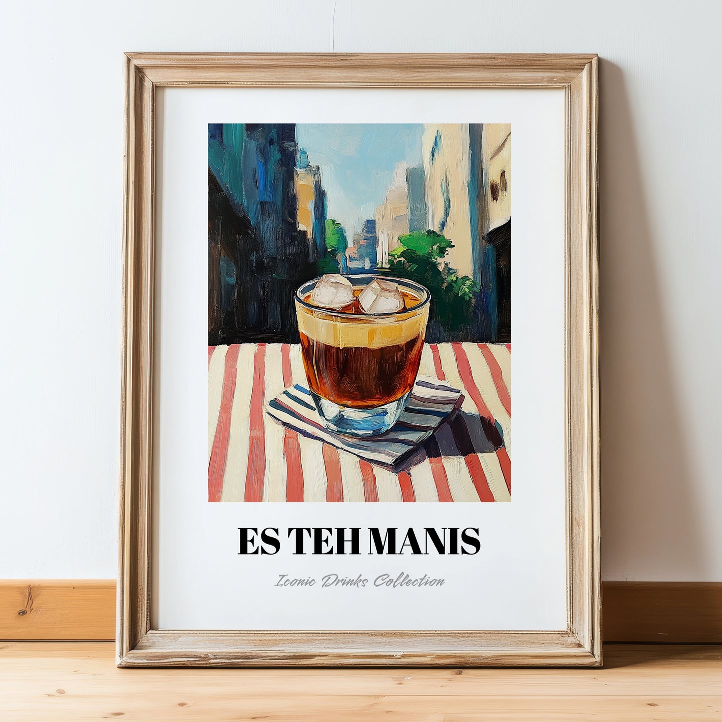 Es Teh Manis – Indonesian Café on the Corner, Indonesian Tea Painting, in wooden frame leaning on the floor