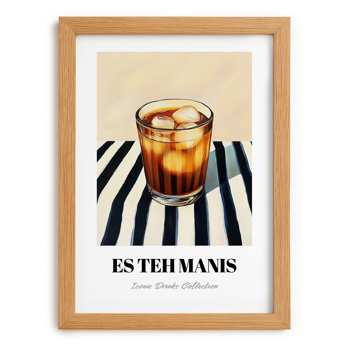 Es Teh Manis – on Striped Tablecloth, Indonesian Cocktail Print, set in oak frame