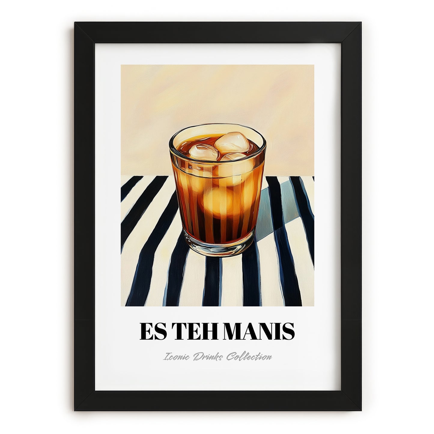 Es Teh Manis – on Striped Tablecloth, Indonesian Cocktail Print, in sleek black frame