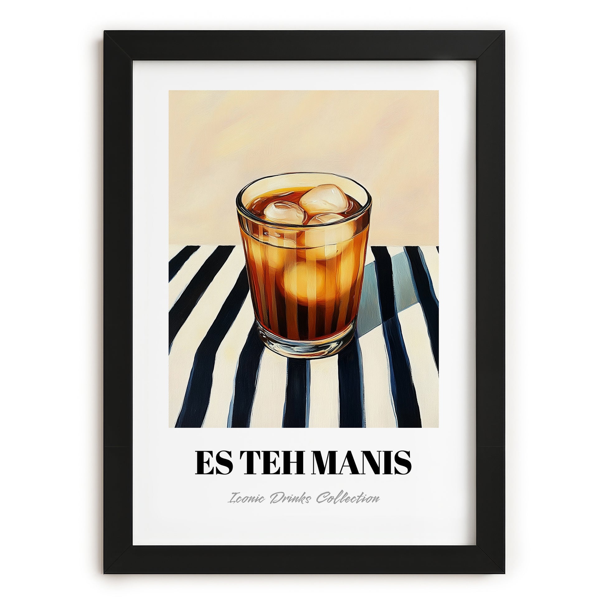 Es Teh Manis – on Striped Tablecloth, Indonesian Cocktail Print, in sleek black frame