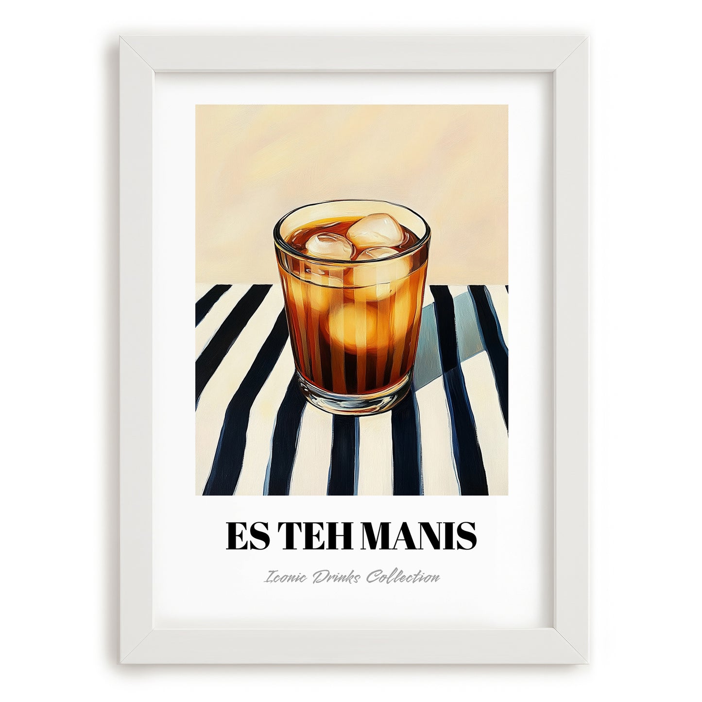 Es Teh Manis – on Striped Tablecloth, Indonesian Cocktail Print, placed in minimal white frame