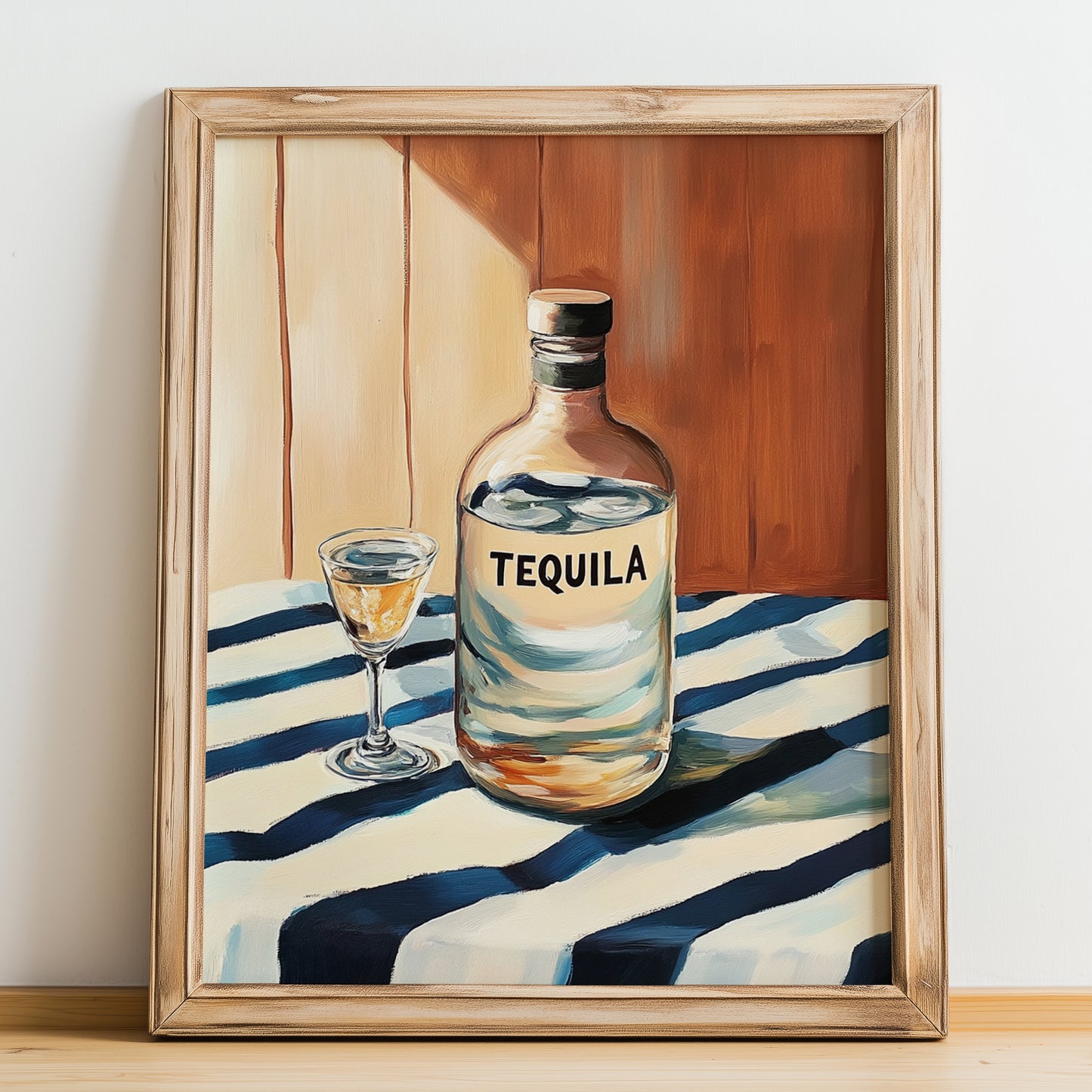 Tequila – on Striped Tablecloth, Mexican Spirit Wall Decor, no-text version framed in wood