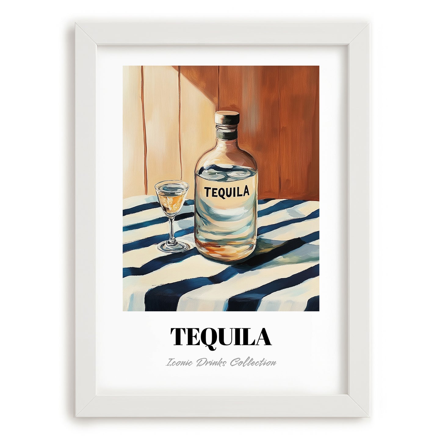 Tequila – on Striped Tablecloth, Mexican Spirit Wall Decor, placed in minimal white frame