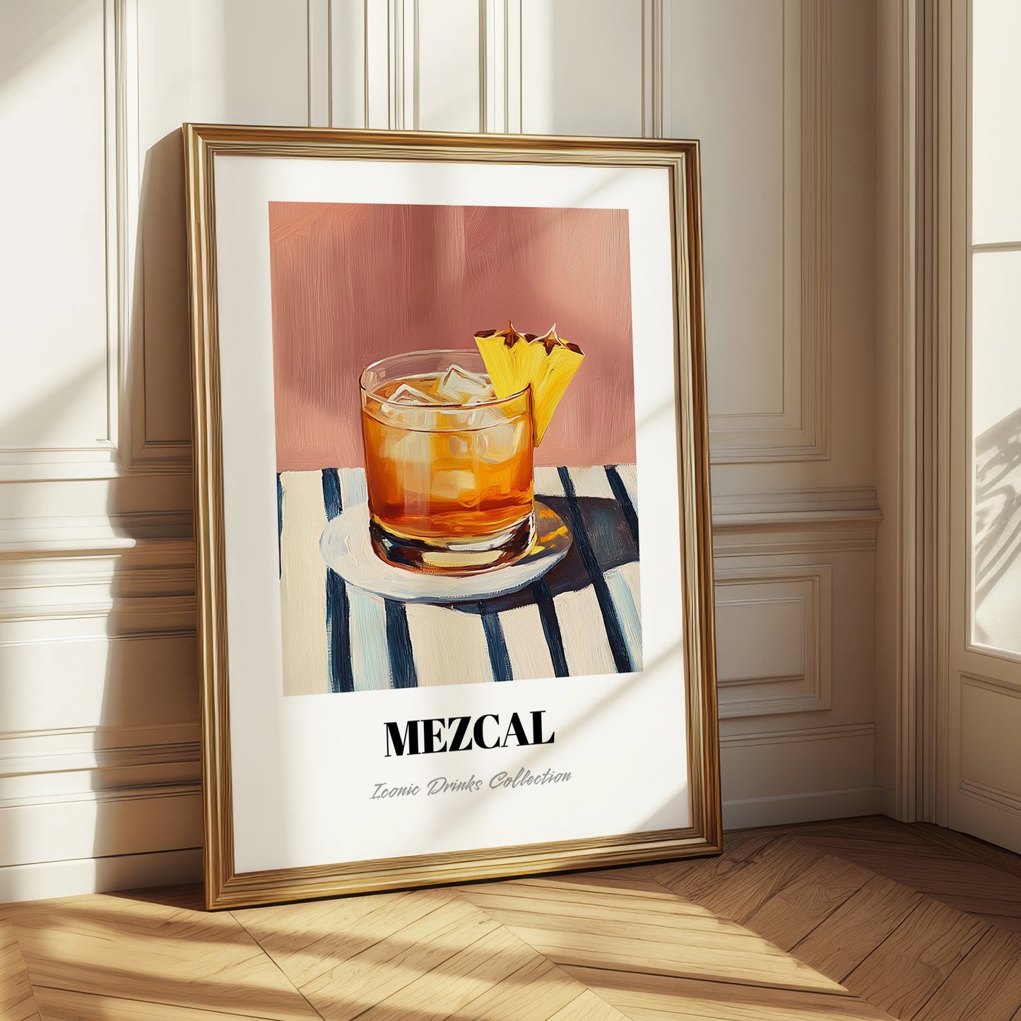 Mezcal – on Striped Tablecloth, Mexican Spirit Wall Poster