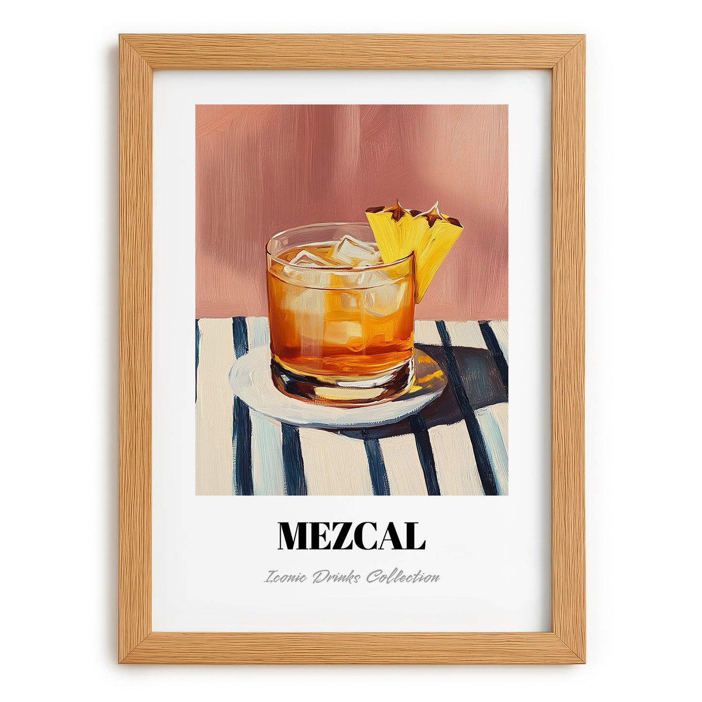 Mezcal – on Striped Tablecloth, Mexican Spirit Wall Poster, set in oak frame